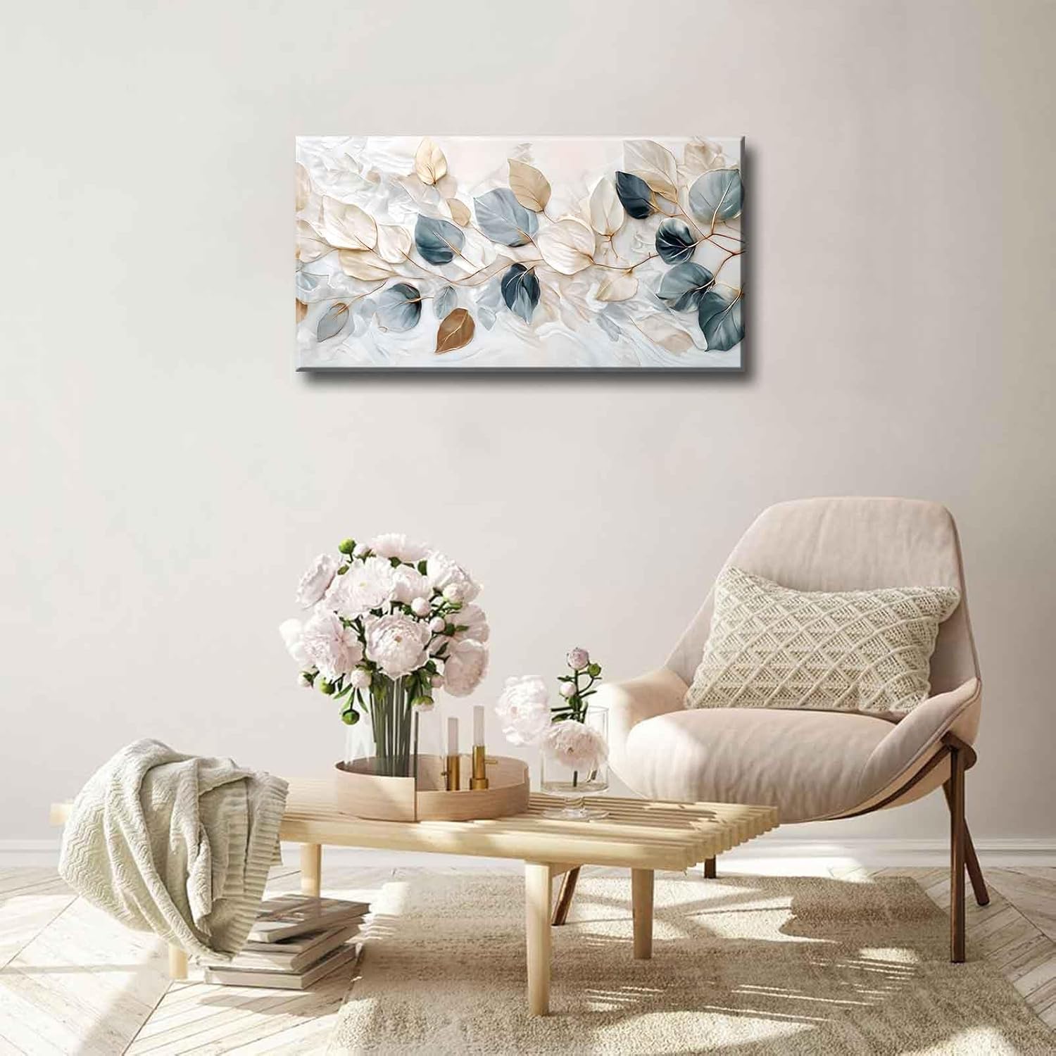 Large Living Eucalyptus Leaf Canvas Wall Art Teal White Botanical Abstract Decor painting Pictures Modern Nordic Plant Flowers Posters Prints for Bathroom Bedroom Office Hallway Home Decoration