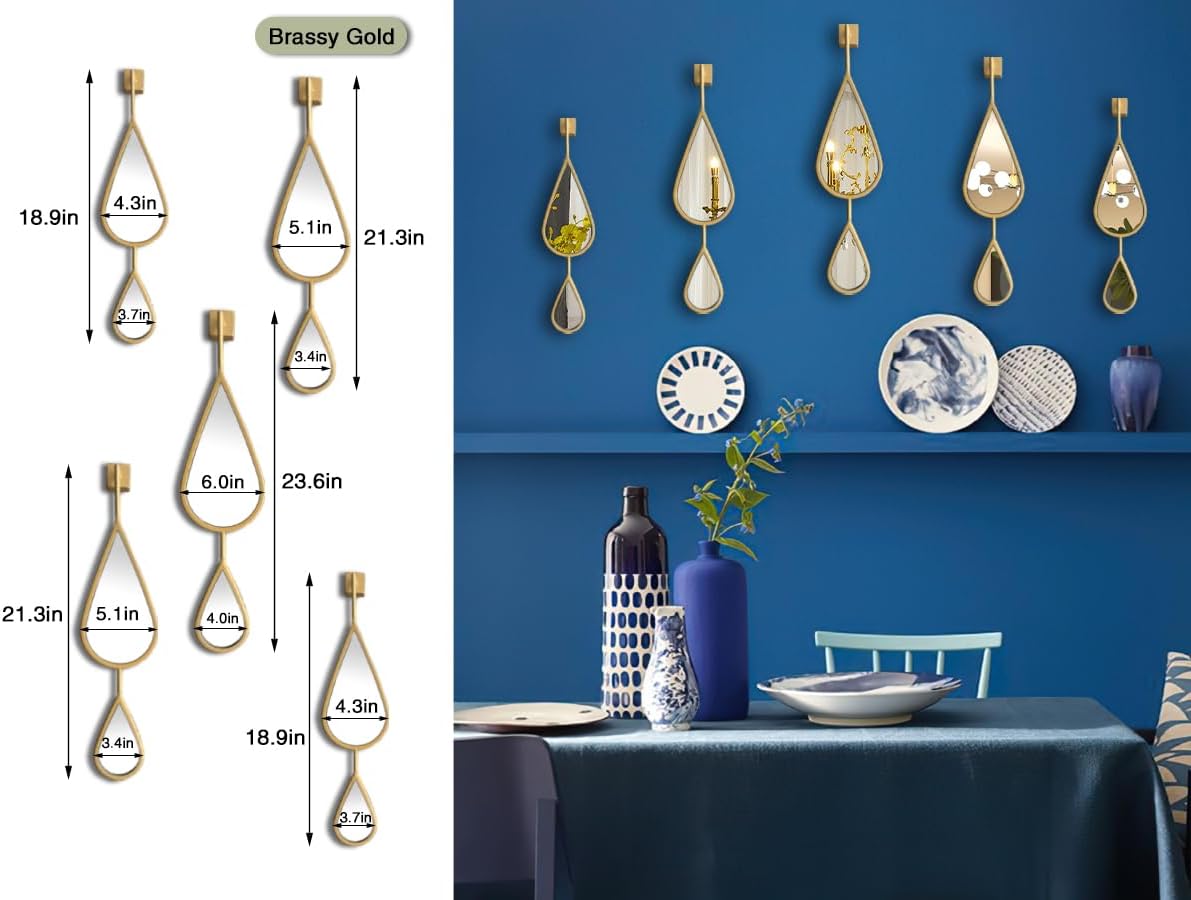 Wall Mirror Decorative Mirrors Mounted Decor Tear Drop Shape Gold for Bedroom Living Room Entryway Bathroom Vanity Brassy Gold Metal Frame, 5-Pack Mirrors Set