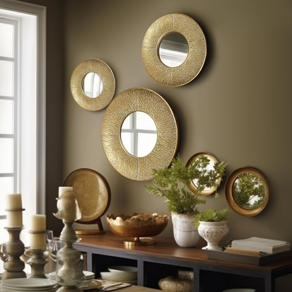 LuxenHome 3 Piece Gold Metal Round Wall Mirror Set Boho Wall Hanging Mounted Mirror,Rattan Mirror Suitable for Farmhouse, Living Room, Bedroom and Bathroom