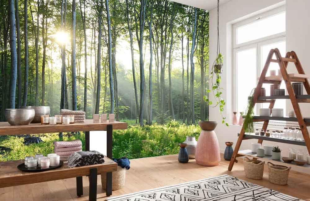 Sunshine Forest Mural Wallpaper Landscape Tree Wallpaper Large Nature Scenery Wall Mural for Living Room (not self-Adhesive)