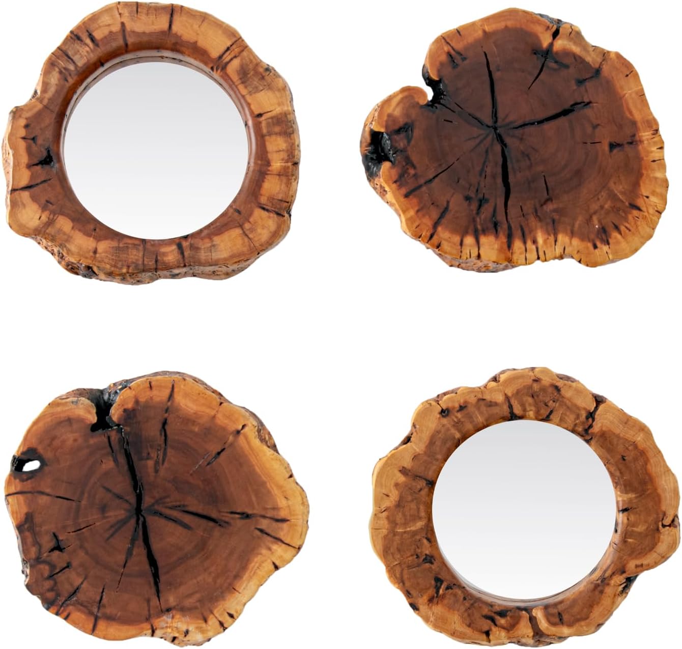 WELLAND Four Pack Rustic Mirror Wall Décor Handmade Solid Wood Decorative Mirrors, 10” x 12" Modern Hanging Wall Art for Bedroom, Bathroom, Living Room, Entryway, Dressing Room