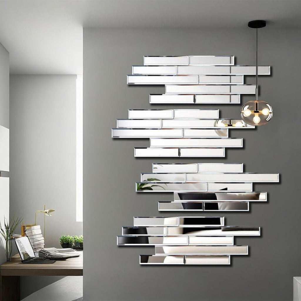 Artisan Set of 4 Silver Beveled Wall Decor Mirrors - 24x8 Inch Each, Creative Combination Design for Modern & Farmhouse Home Decor, Shatter-Resistant Glass with Wood Backing