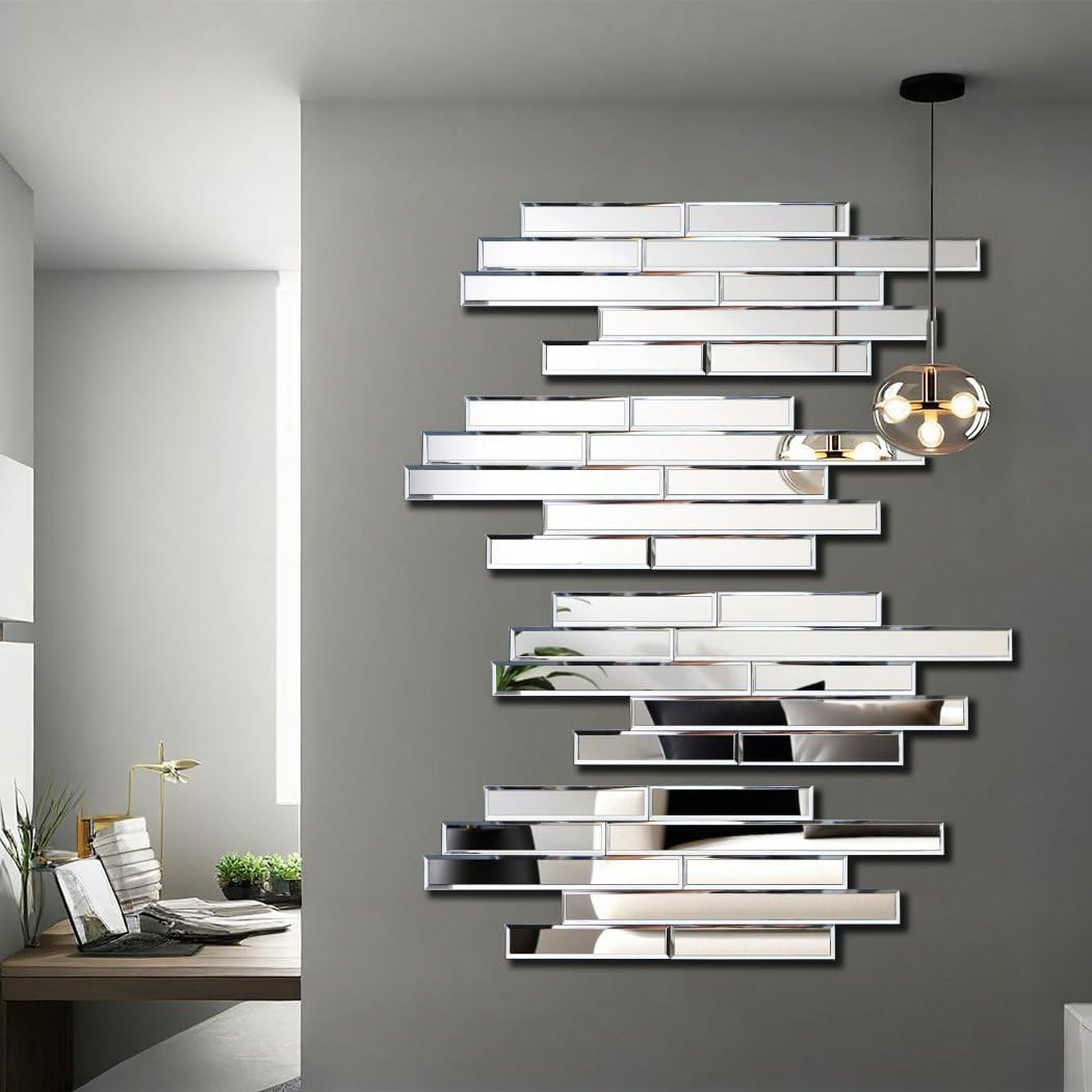 Artisan Set of 4 Silver Beveled Wall Decor Mirrors - 24x8 Inch Each, Creative Combination Design for Modern & Farmhouse Home Decor, Shatter-Resistant Glass with Wood Backing