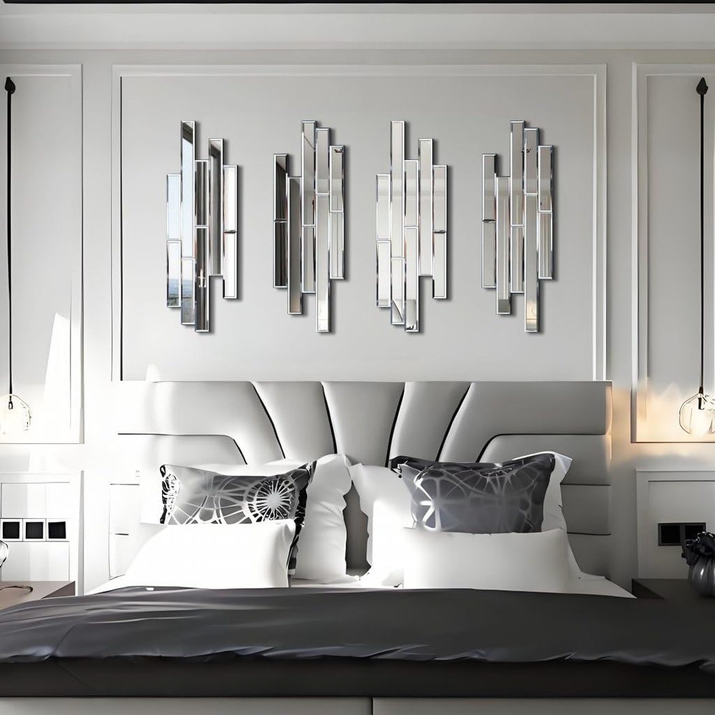 Artisan Set of 4 Silver Beveled Wall Decor Mirrors - 24x8 Inch Each, Creative Combination Design for Modern & Farmhouse Home Decor, Shatter-Resistant Glass with Wood Backing