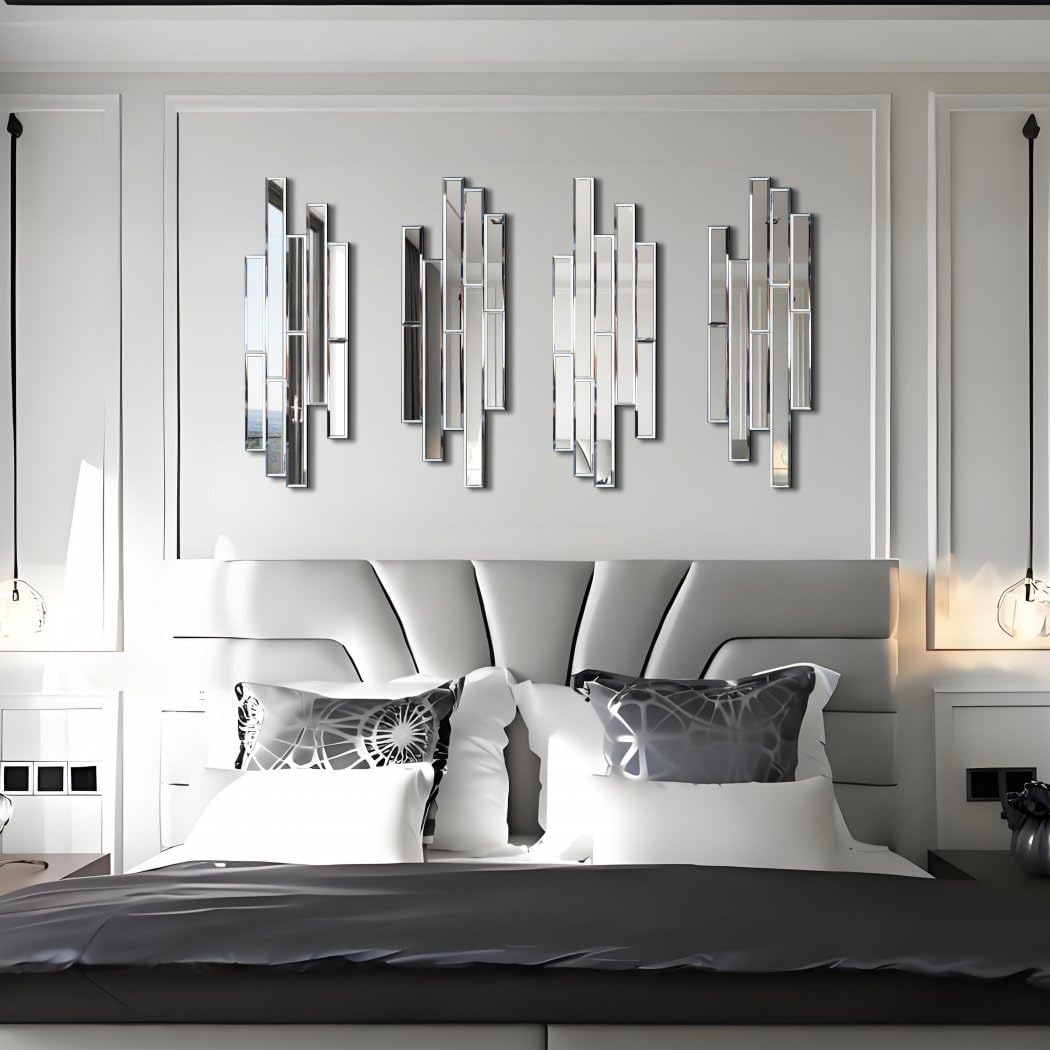 Artisan Set of 4 Silver Beveled Wall Decor Mirrors - 24x8 Inch Each, Creative Combination Design for Modern & Farmhouse Home Decor, Shatter-Resistant Glass with Wood Backing