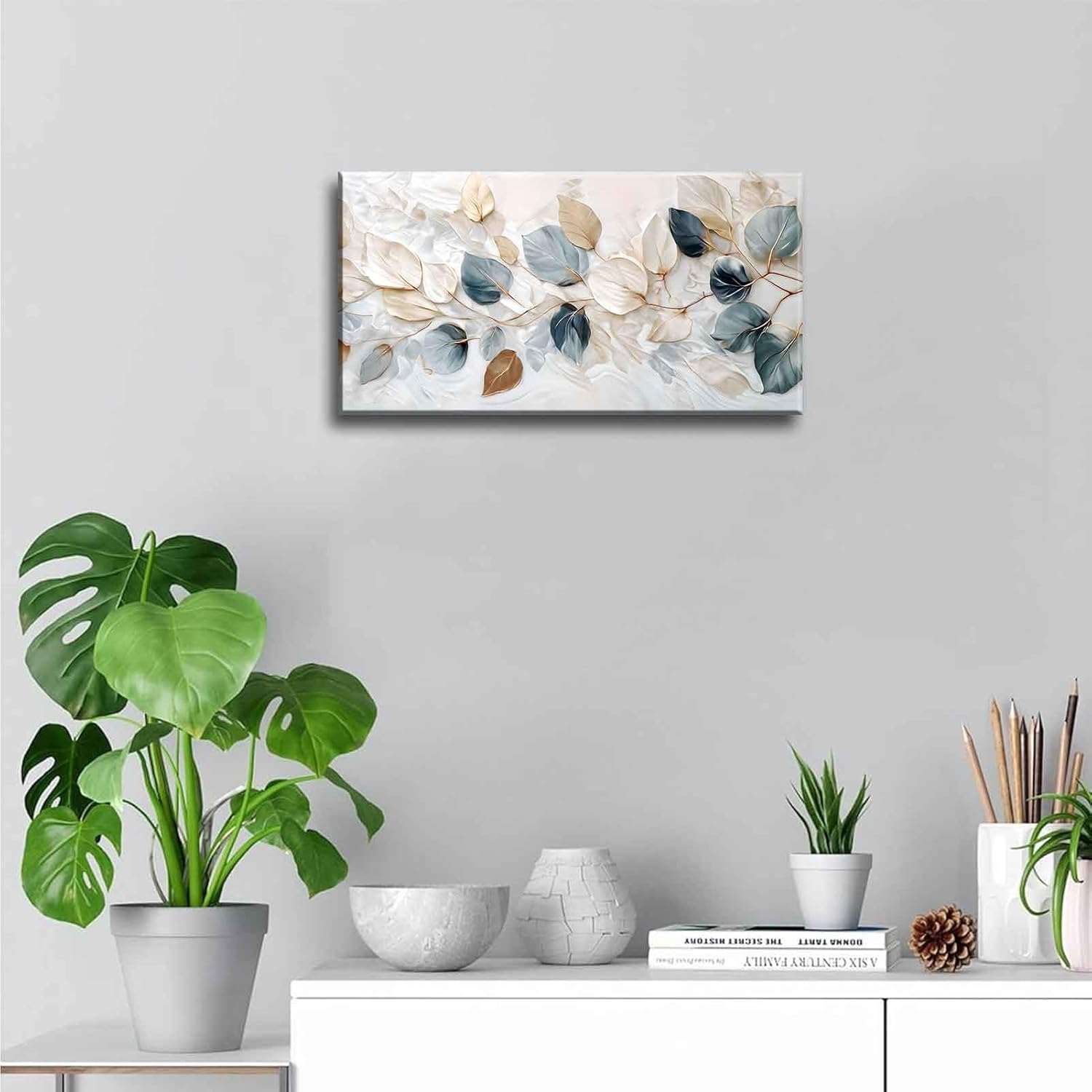 Large Living Eucalyptus Leaf Canvas Wall Art Teal White Botanical Abstract Decor painting Pictures Modern Nordic Plant Flowers Posters Prints for Bathroom Bedroom Office Hallway Home Decoration