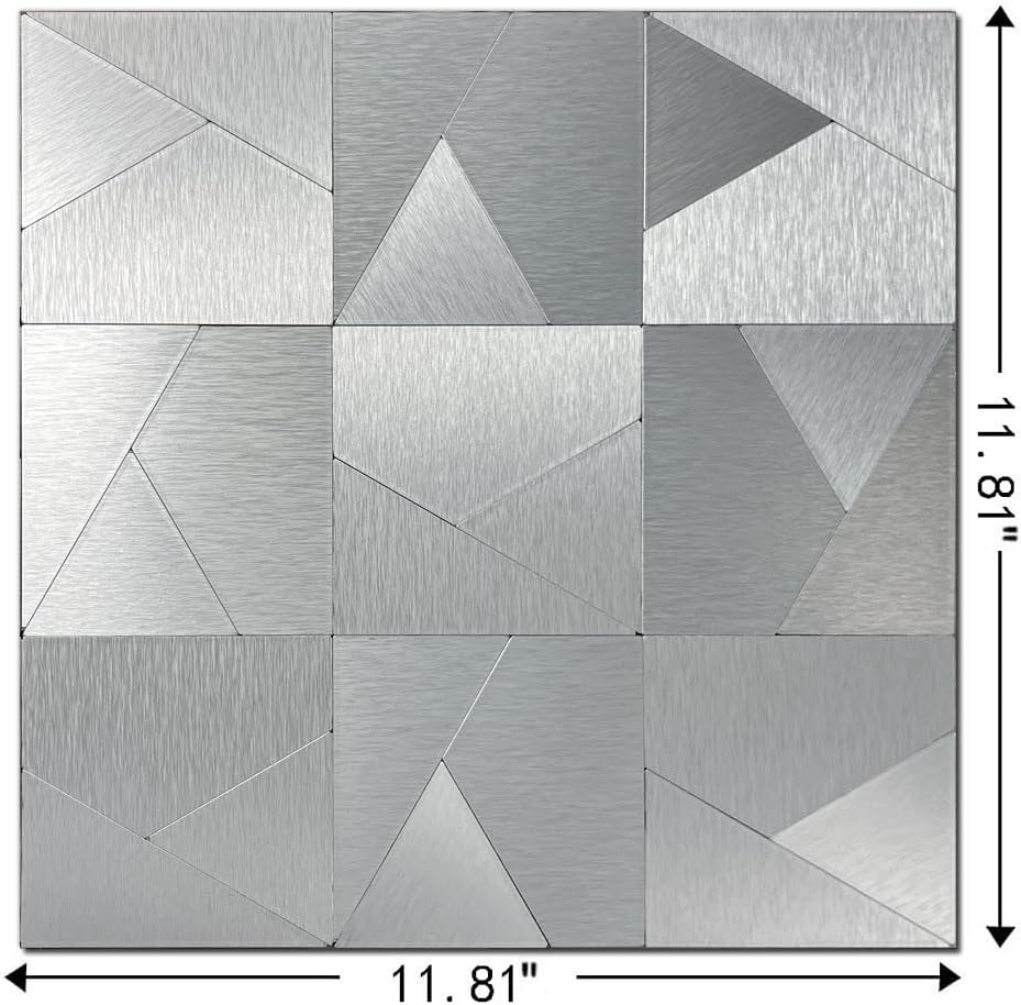 XUANINY Peel and Stick Metal Backsplash Tiles, Self Adhesive Aluminum Mosaic 3D Wall Sticker for Kitchen Bathroom Brushed Grey Decor (11.81"x11.81") (10 Triangle Brushed Silver)