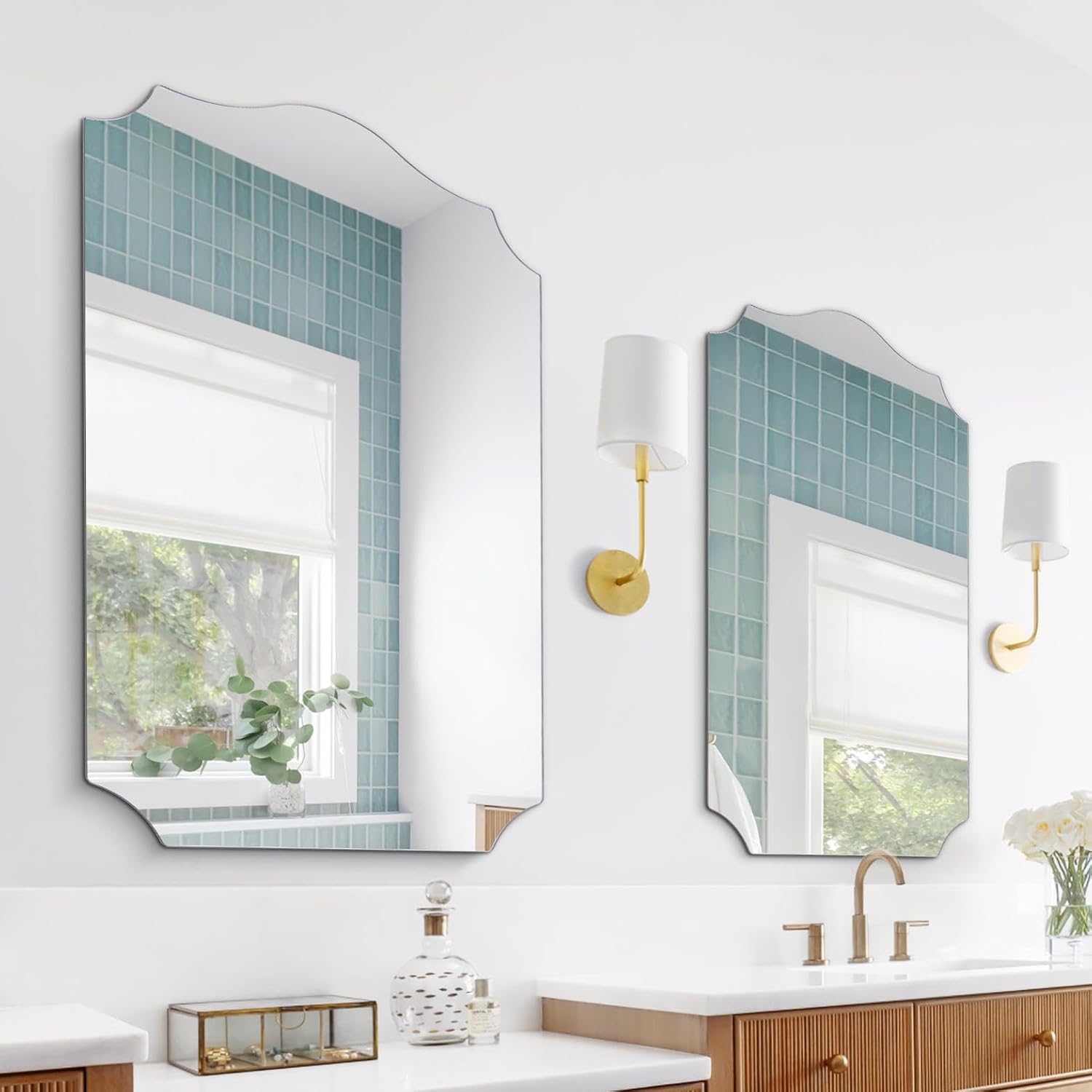 2 Pack Long Arched Decorative Mirror for Bathroom, 36"x18" Silver Vanity Mirror for Wall, Scalloped, for Entryway, Living Room, Bedroom, Set of 2