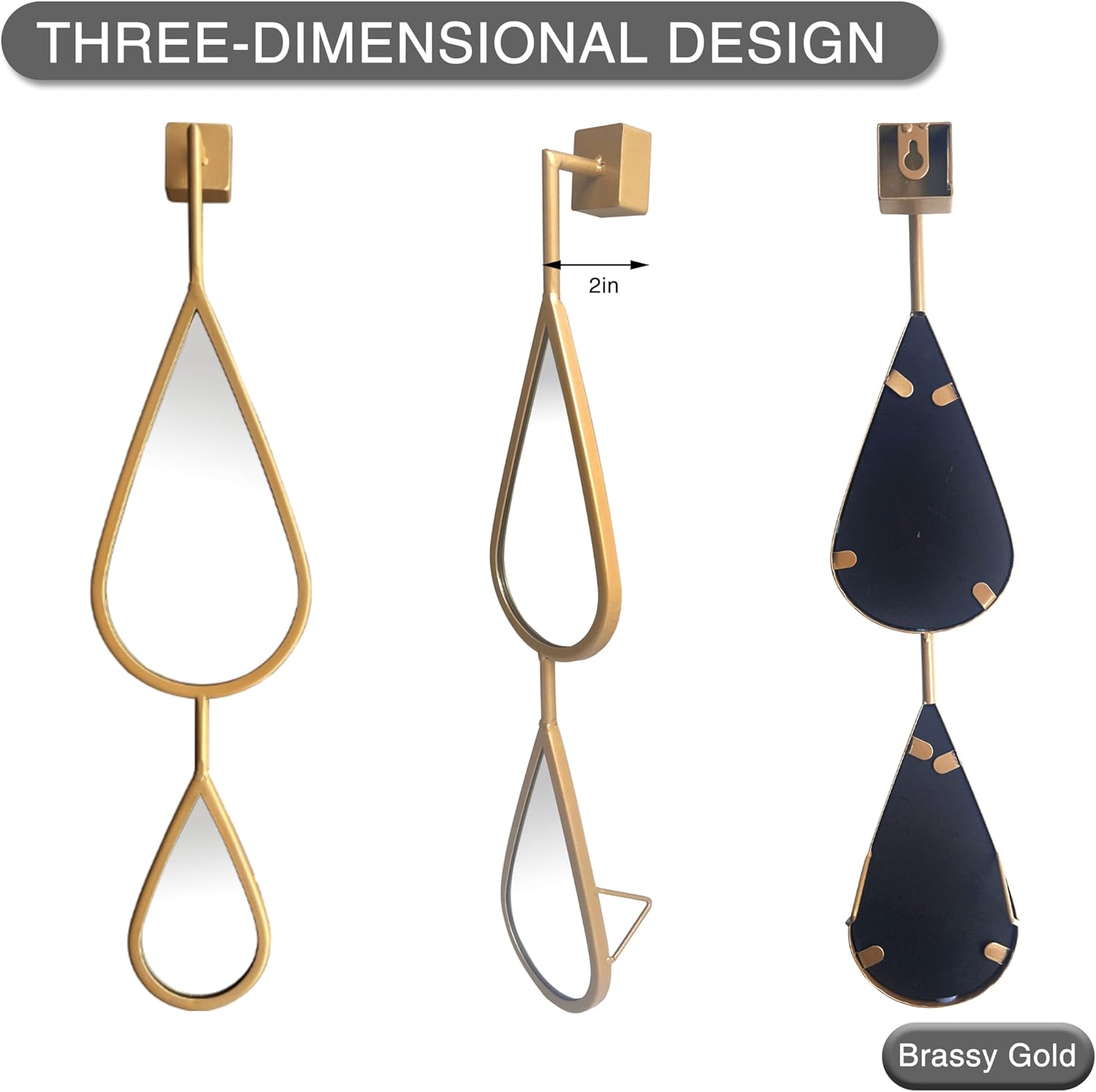 Wall Mirror Decorative Mirrors Mounted Decor Tear Drop Shape Gold for Bedroom Living Room Entryway Bathroom Vanity Brassy Gold Metal Frame, 5-Pack Mirrors Set