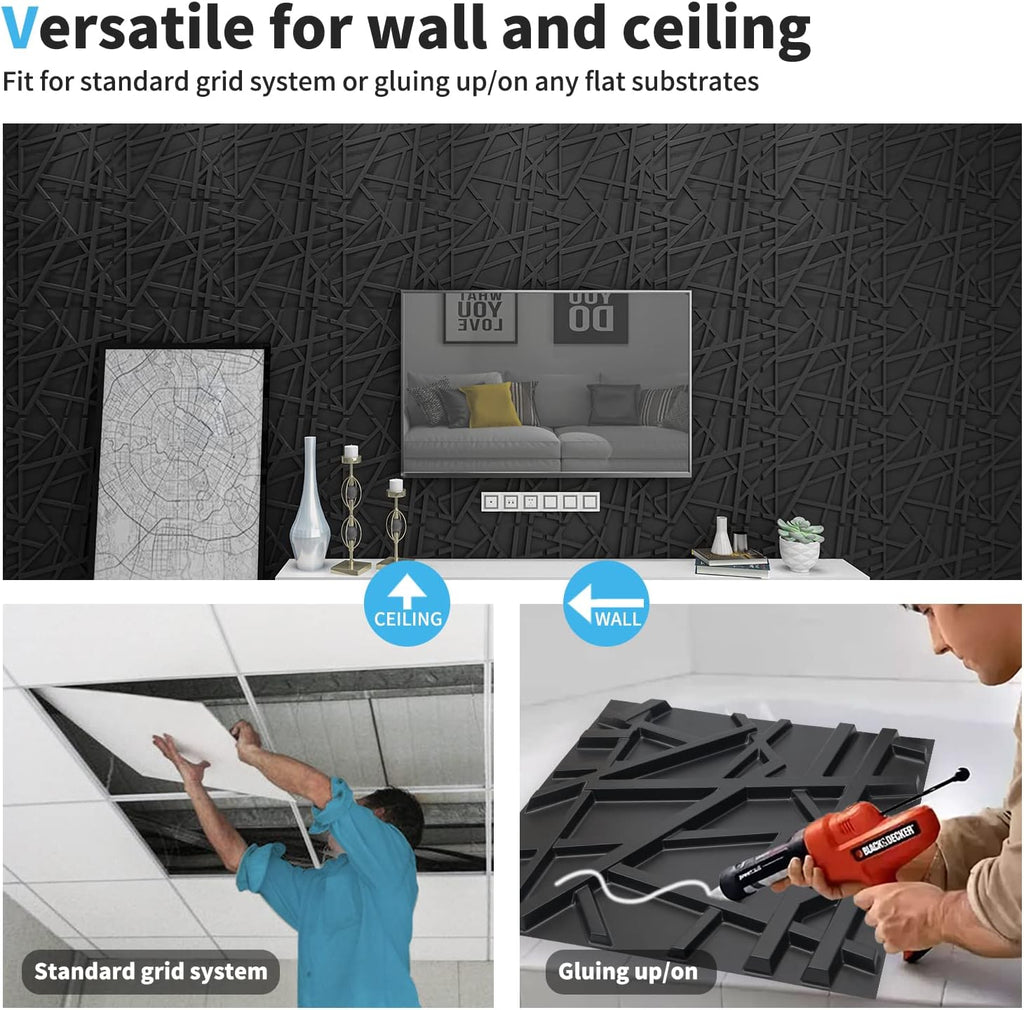 Art3d 19.7" x 19.7" (Pack Of 12) Wall Panel Stripes , Black