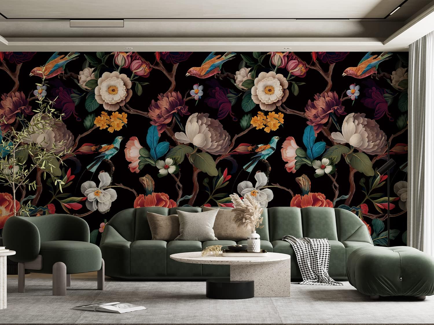 Zeeko Floral Wall Mural Peel and Stick Wallpaper 148" W x 98" H Removable Large Mural Vintage Wall Paper Self-Adhesive Wall Mural for Bedroom Livingroom Home Art Decor Dark Blue Mural Wallpaper