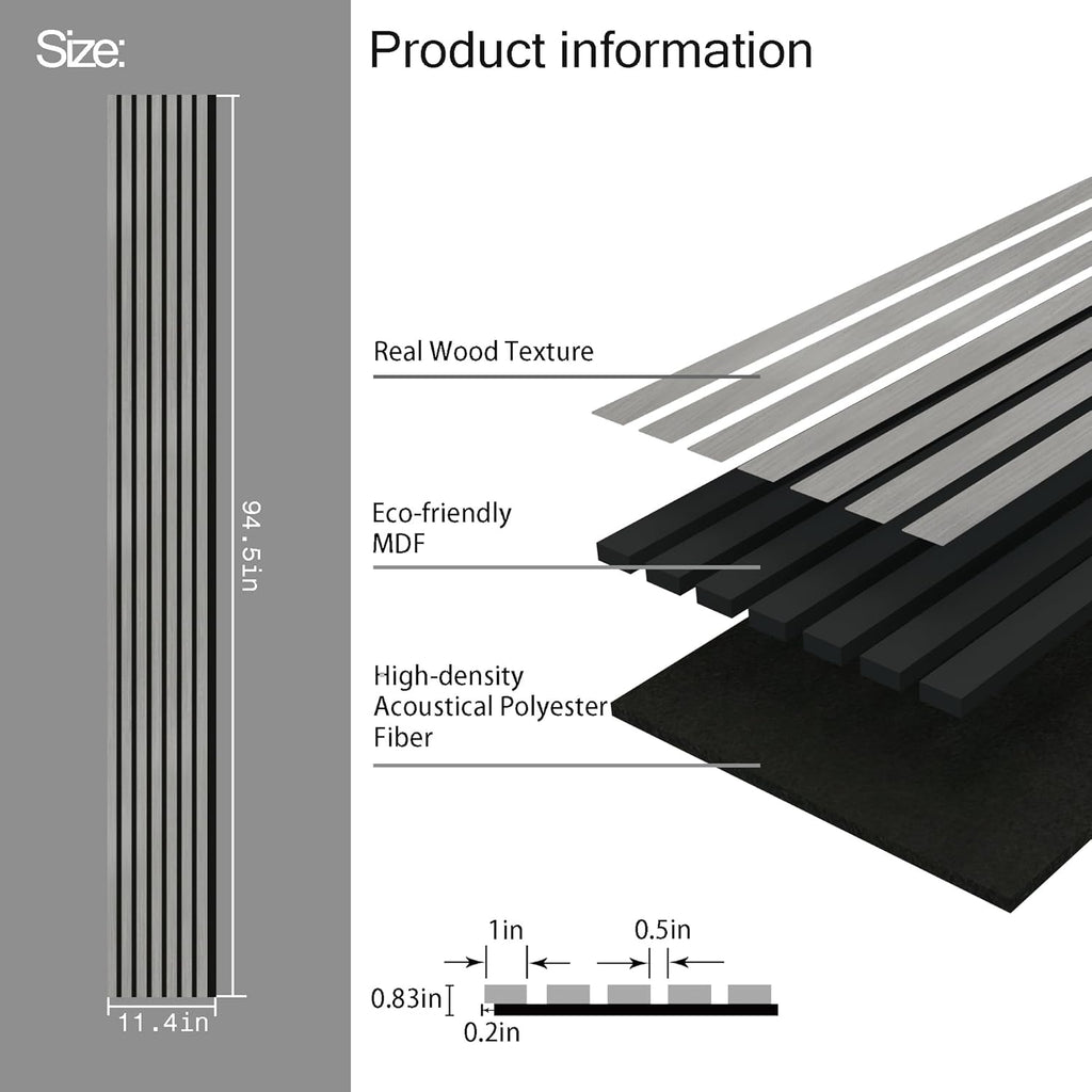 3-Pack Wood Slat Wall Panel for Interior Wall Decor Noise Cancelling 94.5" x 11.4" Acoustic Decorative 3D Sound Absorbing Wall Paneling, Gray Oak, Covers 22.4 Sq. Ft