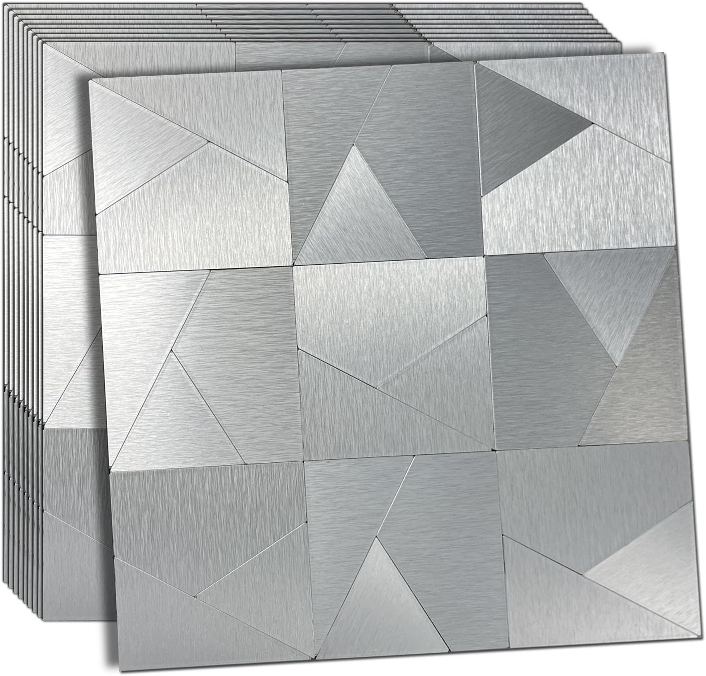 XUANINY Peel and Stick Metal Backsplash Tiles, Self Adhesive Aluminum Mosaic 3D Wall Sticker for Kitchen Bathroom Brushed Grey Decor (11.81"x11.81") (10 Triangle Brushed Silver)