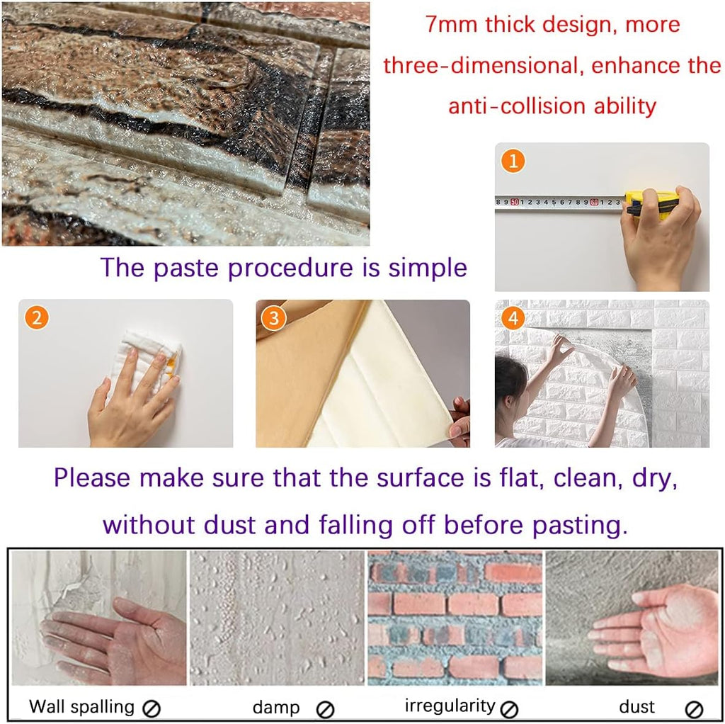 Yutianli 7mm Thick Anti-Collision self Adhesive 3D Wall Panels Peel and Stick,10-Pack 57 Sq.Ft Antique Faux Brick Wall Panels Foam Faux Stone Wallpapers for Bedroom (10, Style A)