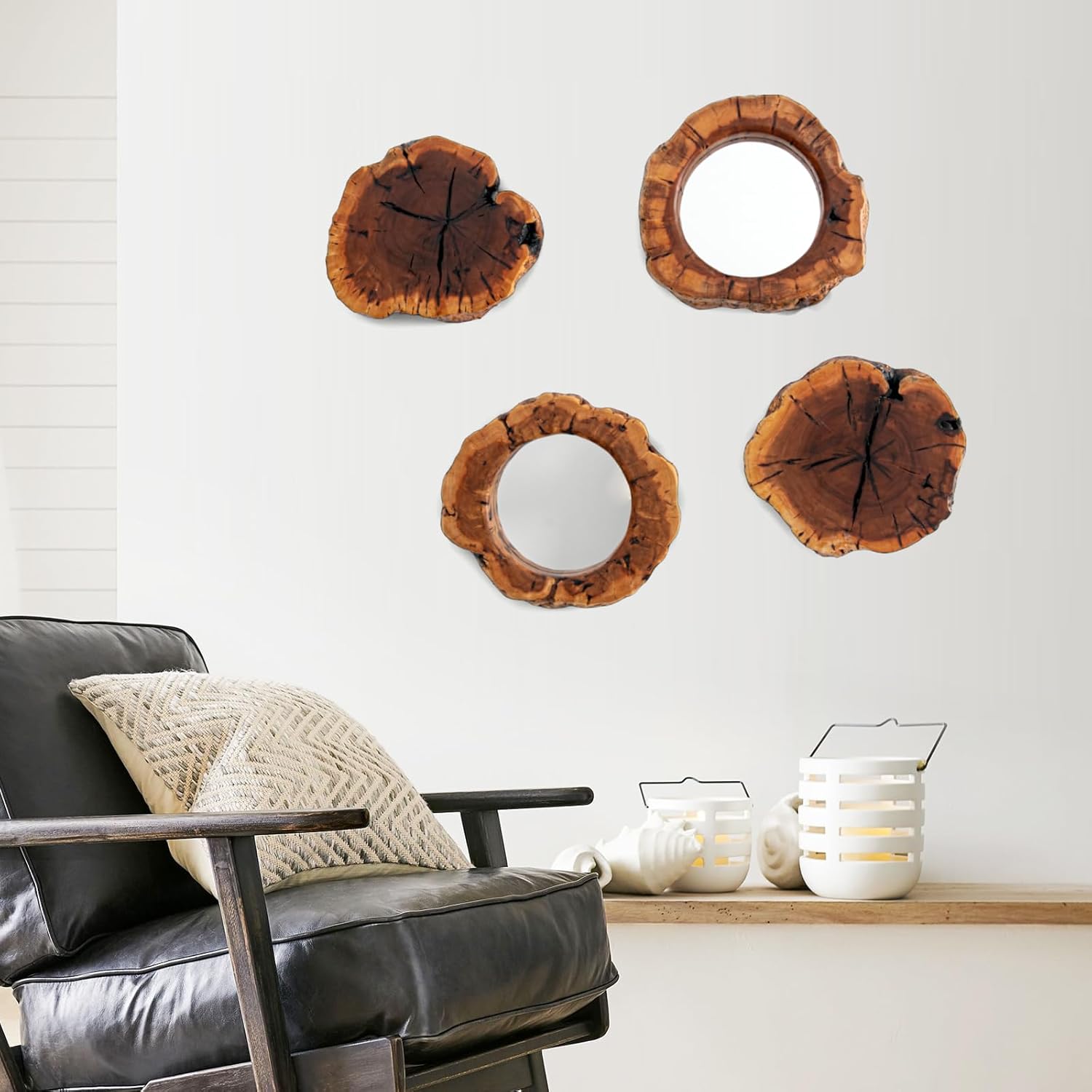 WELLAND Four Pack Rustic Mirror Wall Décor Handmade Solid Wood Decorative Mirrors, 10” x 12" Modern Hanging Wall Art for Bedroom, Bathroom, Living Room, Entryway, Dressing Room