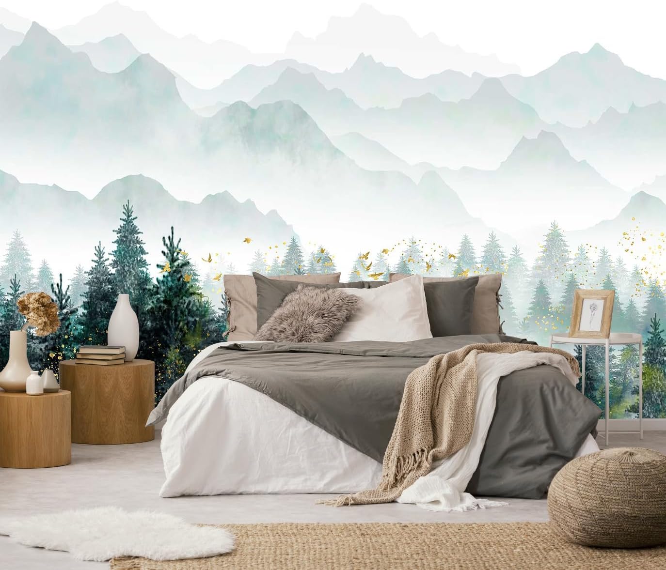 Hazy Forest Wall Mural, Abstract Nature Landscape Wallpaper, Background Wall Decoration Patterns（Non-self-Adhesive）