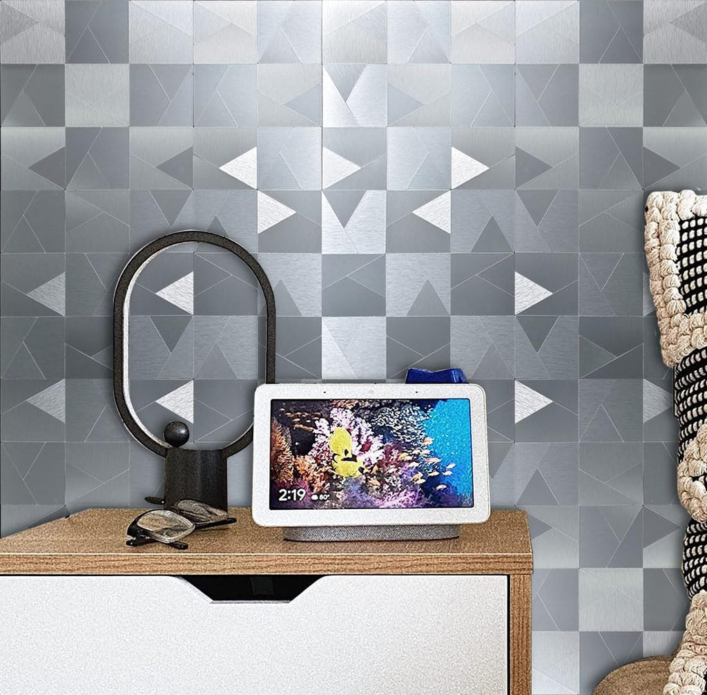 XUANINY Peel and Stick Metal Backsplash Tiles, Self Adhesive Aluminum Mosaic 3D Wall Sticker for Kitchen Bathroom Brushed Grey Decor (11.81"x11.81") (10 Triangle Brushed Silver)