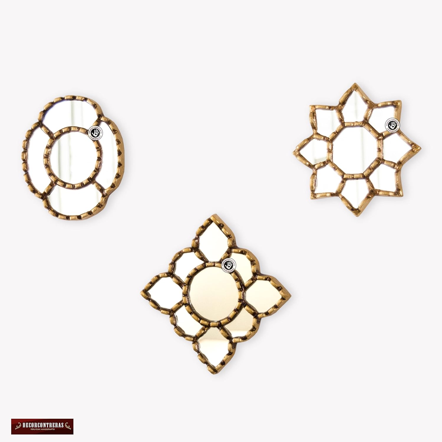 Small Gold Accent Wall Mirror Set of 3 - Decorative Vintage Mirrors of 6" for Wall, Peruvian Mirrors Vanity with Gold Leaf 'Cuzco Radiance'
