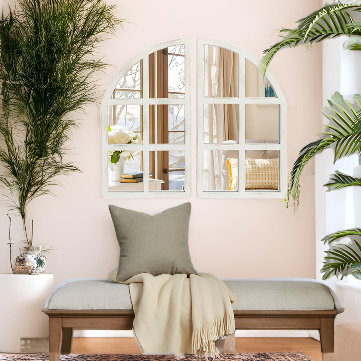 FLORA Farmhouse Mirror, Arch Window Wall Mirror for Kitchen Bedroom Living Room Wall Decor, Set of 2