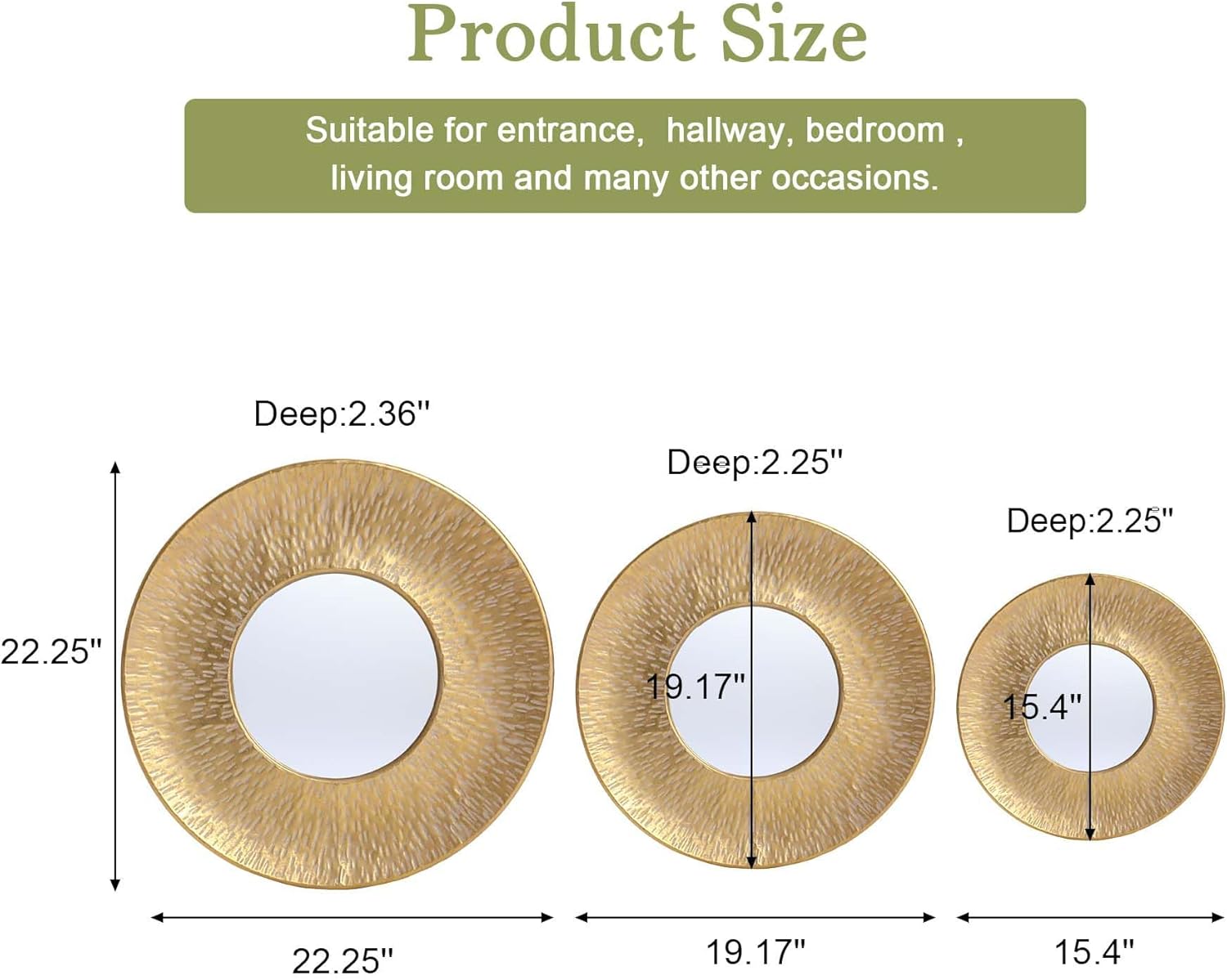 LuxenHome 3 Piece Gold Metal Round Wall Mirror Set Boho Wall Hanging Mounted Mirror,Rattan Mirror Suitable for Farmhouse, Living Room, Bedroom and Bathroom