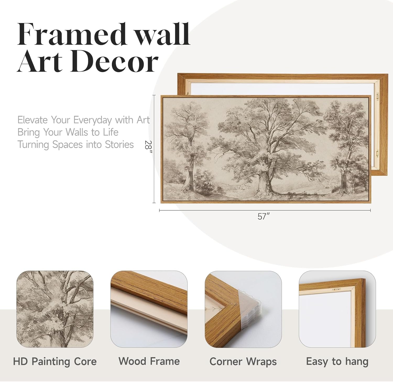 Framed Vintage Landscape Canvas Wall Art for Living Room, Extra Large Horizontal Rustic Tree Botanical Picture Prints Paintings, Neutral Wabi Sabi Artwork Decor for Bedroom Entryway 57x28.5 Inch