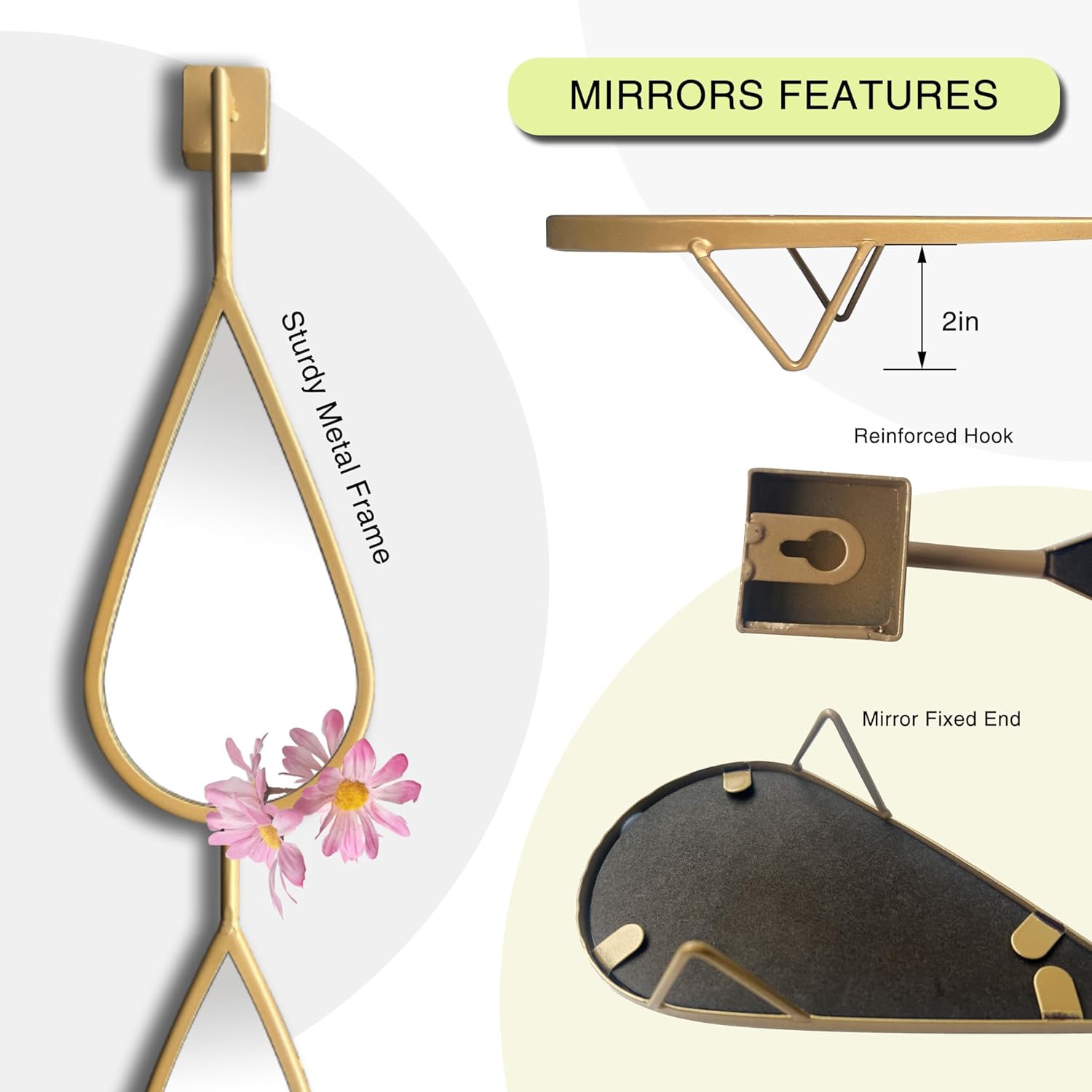 Wall Mirror Decorative Mirrors Mounted Decor Tear Drop Shape Gold for Bedroom Living Room Entryway Bathroom Vanity Brassy Gold Metal Frame, 5-Pack Mirrors Set
