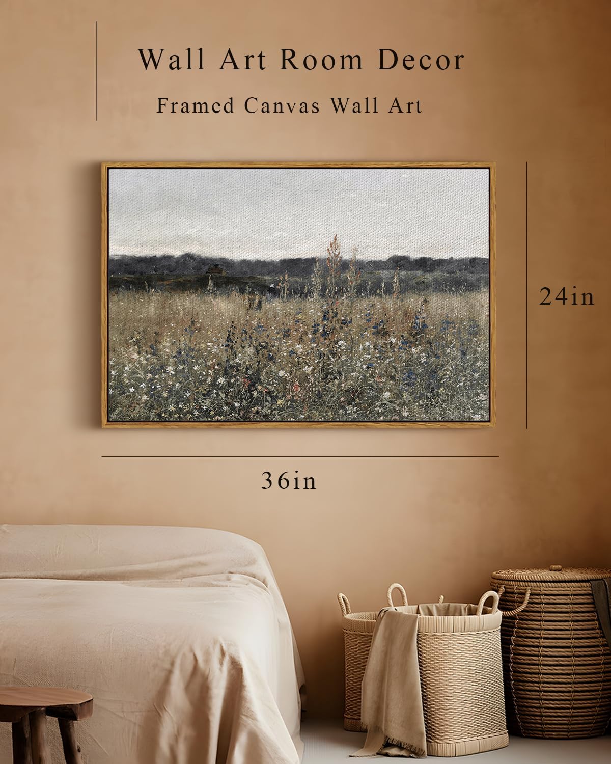 InSimSea Framed Canvas Wall Art Vintage Decor, Landscape Wall Art, Meadow with Flowers Art, Modern Farmhouse Decor, Cottagecore Bedroom Bathroom Office Decorations, 24"x36"