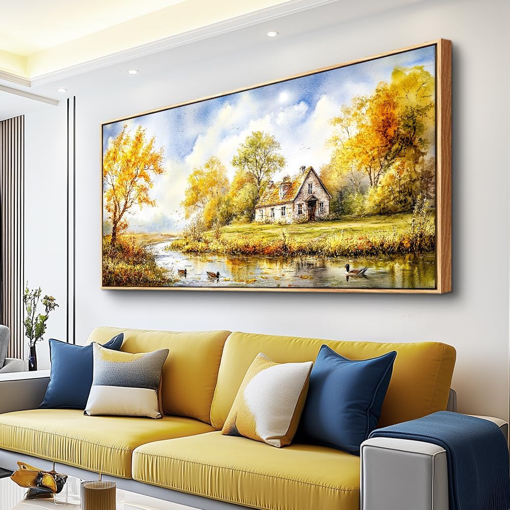 ERQINHUA Canvas Printing Wall Art Large Wall Decor For Living Room Restaurant Forest Landscape Painting Lakeside Watercolour Wall Pictures Office Mural Farmhouse Home Decor 20x40 Inches Wood Framed