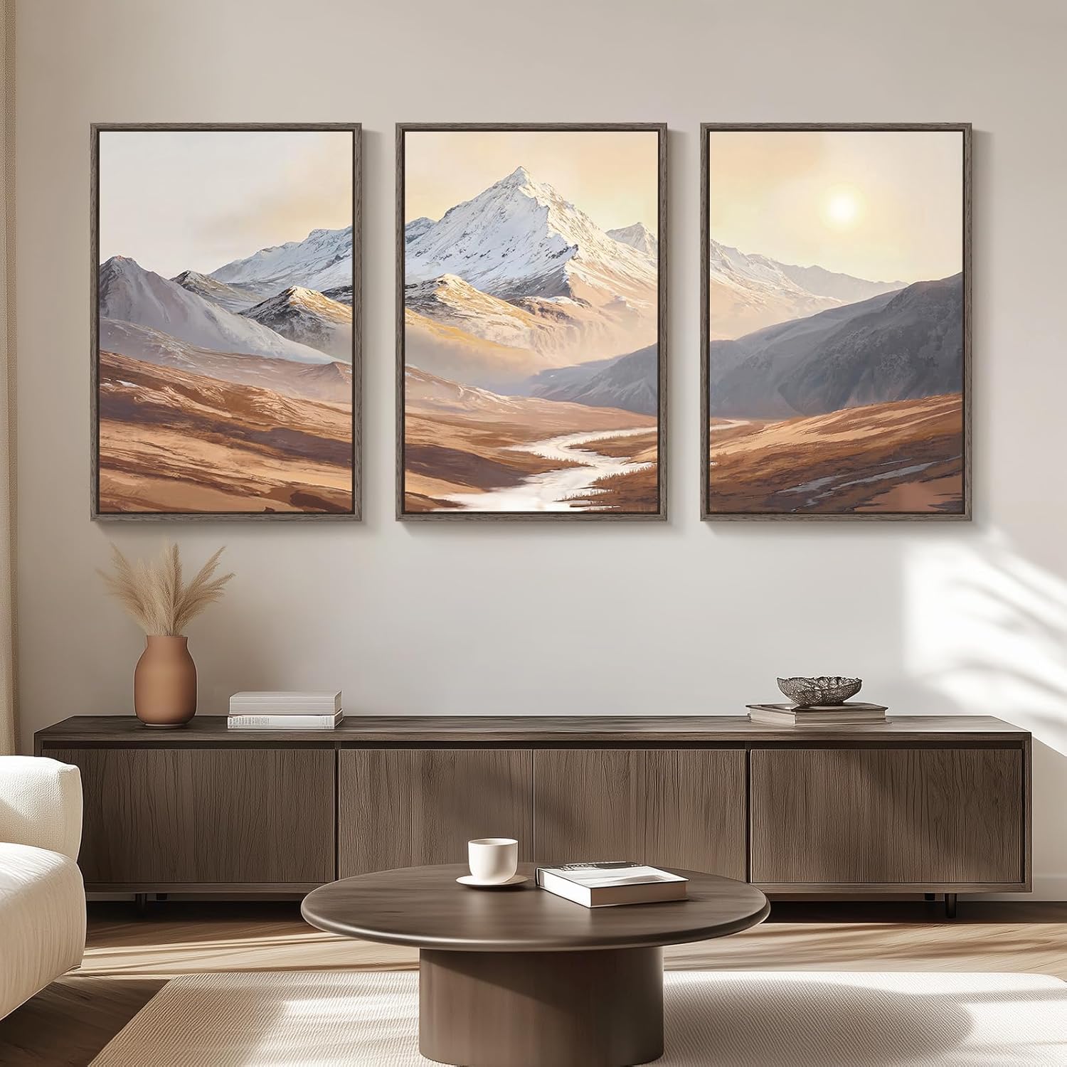 Framed Brown Mountain Wall Art for Living Room, Set of 3 Piece Vintage Canvas Picture Prints, Nature Sunrise Retro Landscape Artworks for Dining Room Hallway Home Office Wall Decor, 24x36 Inch