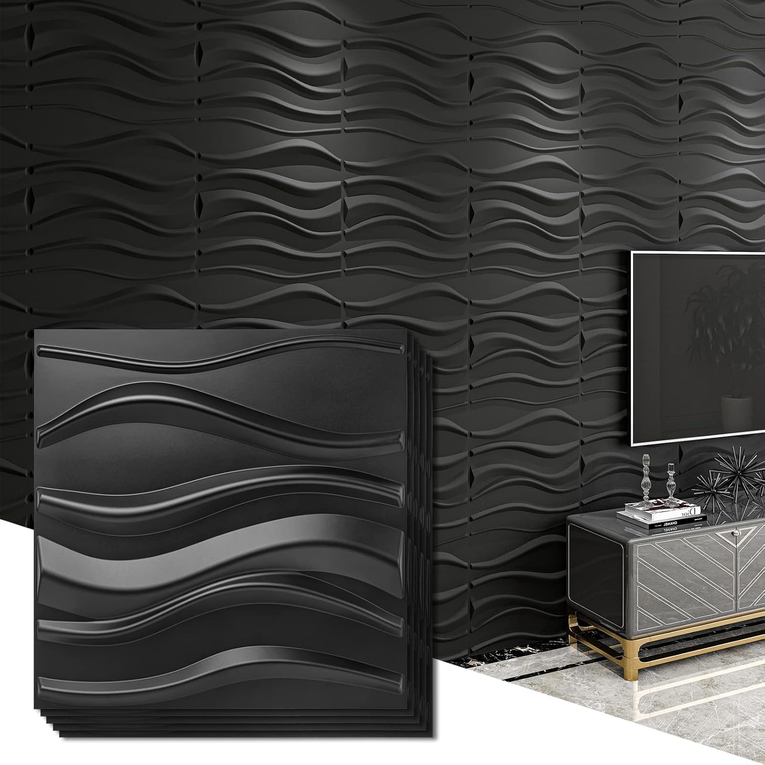 Art3d Decorative 3D Wall Panels 12 Pack 19.7" x 19.7" Creative Wall Panel for Indoor Decoration, Carbon Black