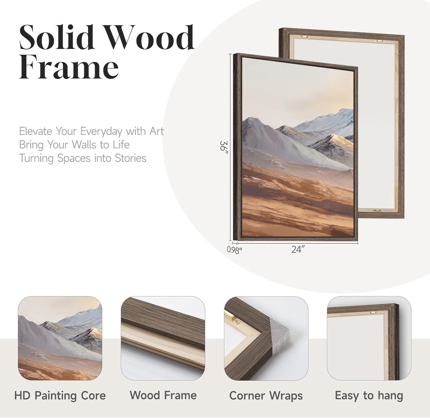 Framed Brown Mountain Wall Art for Living Room, Set of 3 Piece Vintage Canvas Picture Prints, Nature Sunrise Retro Landscape Artworks for Dining Room Hallway Home Office Wall Decor, 24x36 Inch