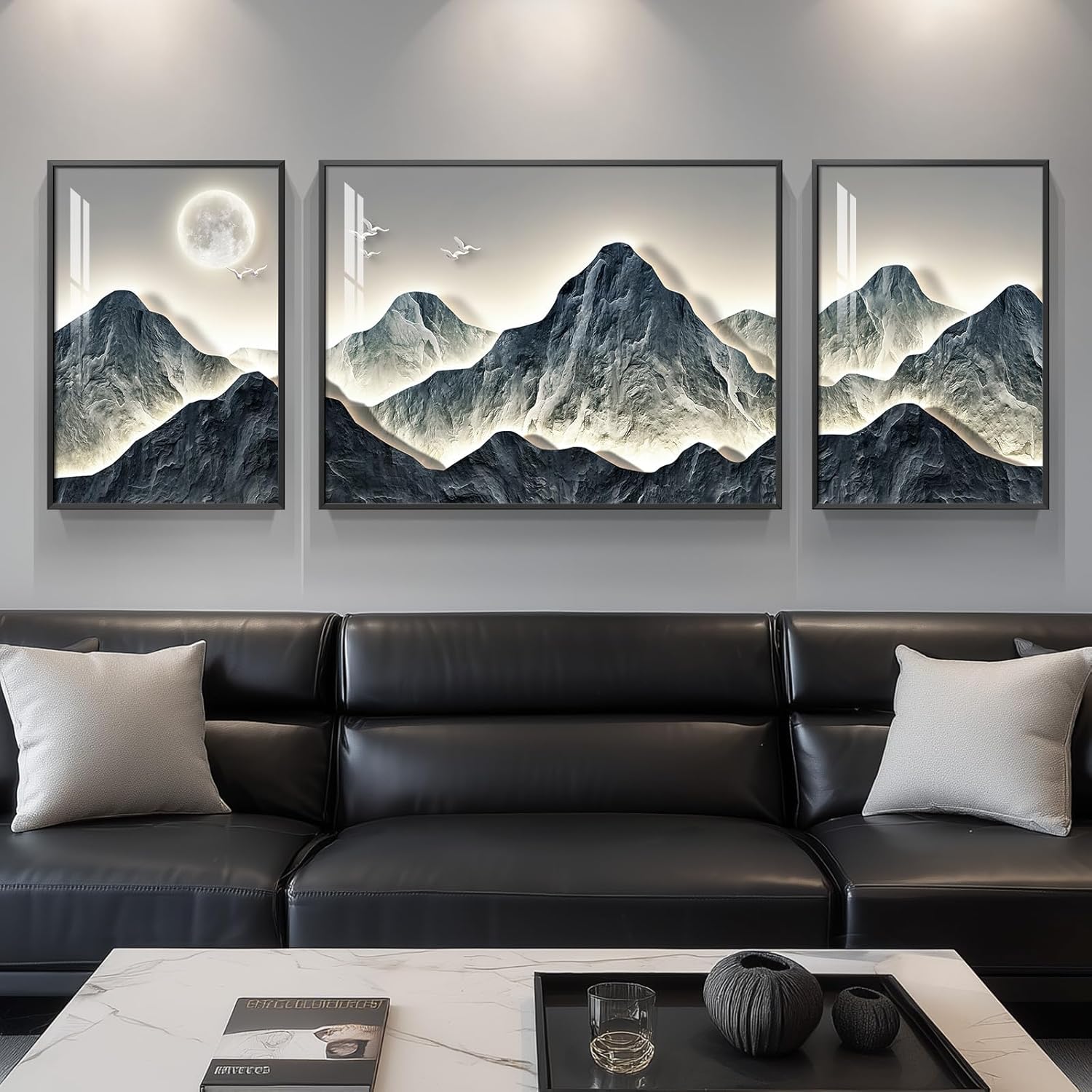 Framed Brown Mountain Wall Art for Living Room, Set of 3 Piece Vintage Canvas Picture Prints, Nature Sunrise Retro Landscape Artworks for Dining Room Hallway Home Office Wall Decor, 24x36 Inch