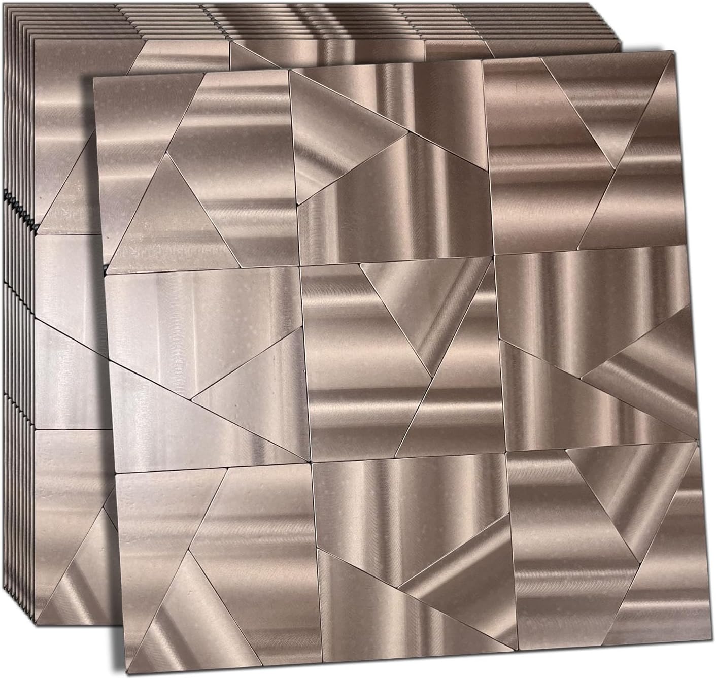 XUANINY Peel and Stick Metal Backsplash Tiles, Self Adhesive Aluminum Mosaic 3D Wall Sticker for Kitchen Bathroom Brushed Grey Decor (11.81"x11.81") (10 Triangle Brushed Silver)