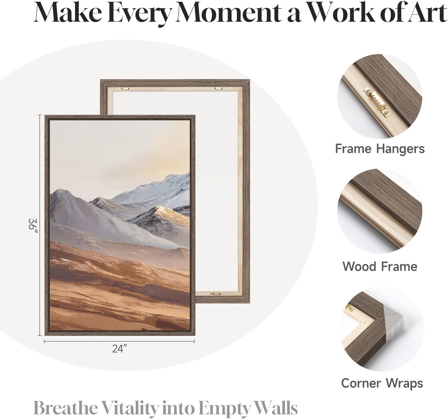 Framed Brown Mountain Wall Art for Living Room, Set of 3 Piece Vintage Canvas Picture Prints, Nature Sunrise Retro Landscape Artworks for Dining Room Hallway Home Office Wall Decor, 24x36 Inch