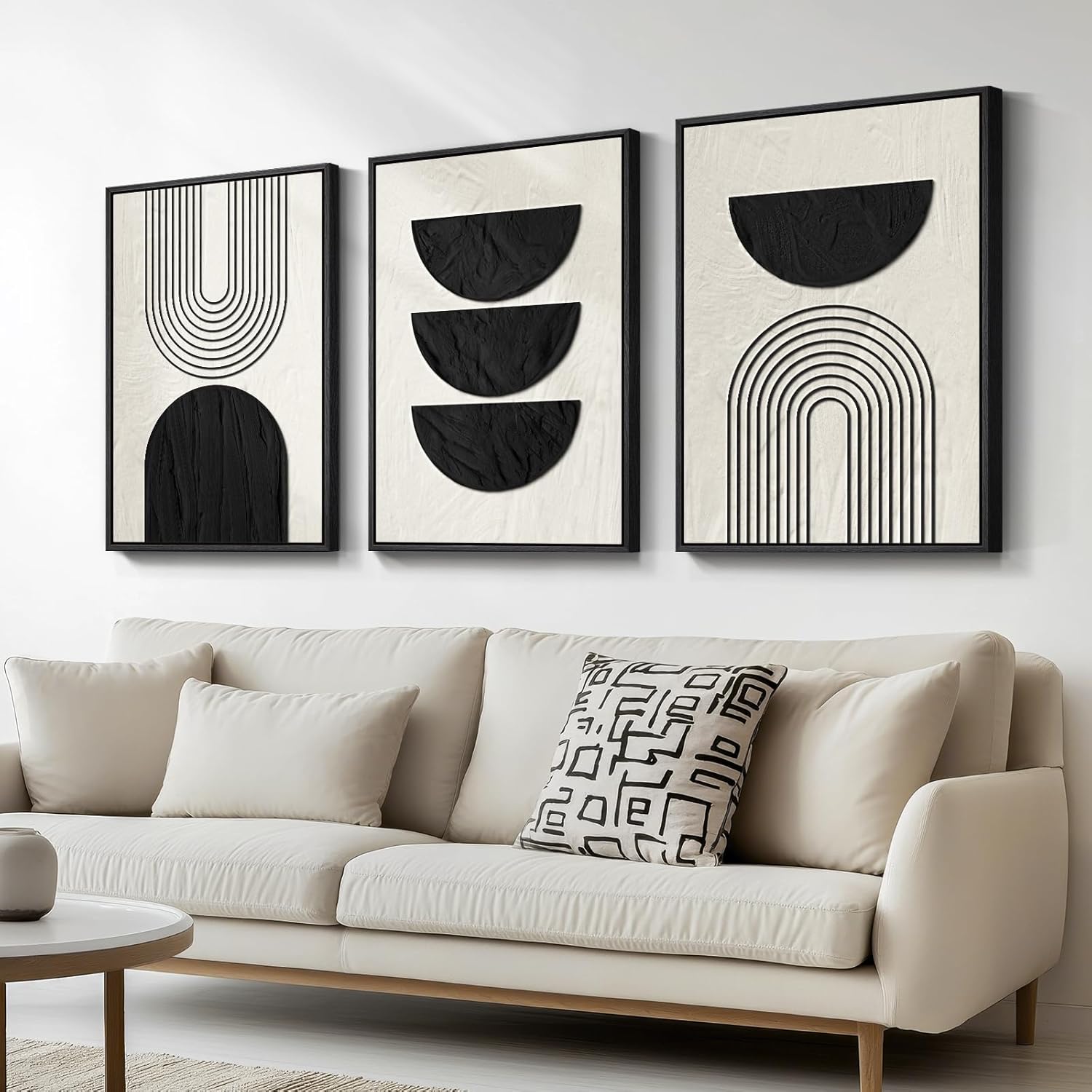 Large Framed Black and White Neutral Abstract Wall Art for Living Room, 3 Piece Boho Canvas Prints Paintings Artwork for Walls, Minimalist Geometric Pictures for Hallway Office Wall Decor 24x36 In