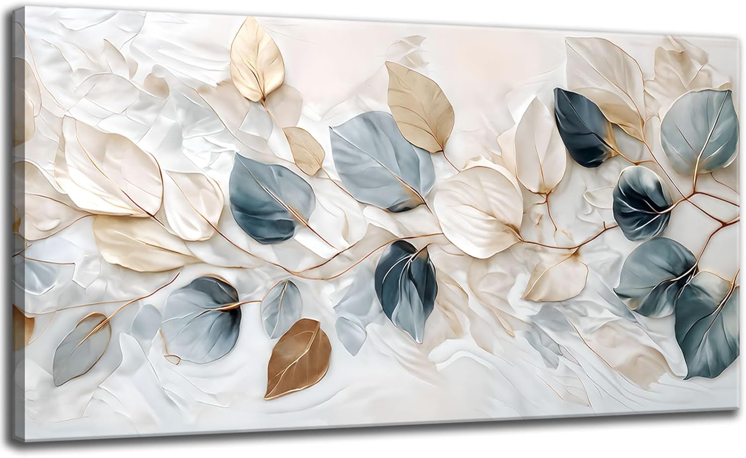 Large Living Eucalyptus Leaf Canvas Wall Art Teal White Botanical Abstract Decor painting Pictures Modern Nordic Plant Flowers Posters Prints for Bathroom Bedroom Office Hallway Home Decoration