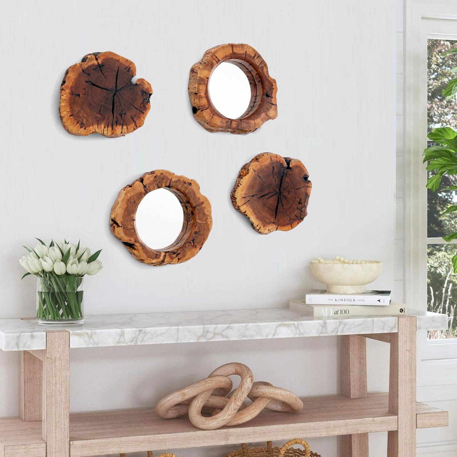 WELLAND Four Pack Rustic Mirror Wall Décor Handmade Solid Wood Decorative Mirrors, 10” x 12" Modern Hanging Wall Art for Bedroom, Bathroom, Living Room, Entryway, Dressing Room