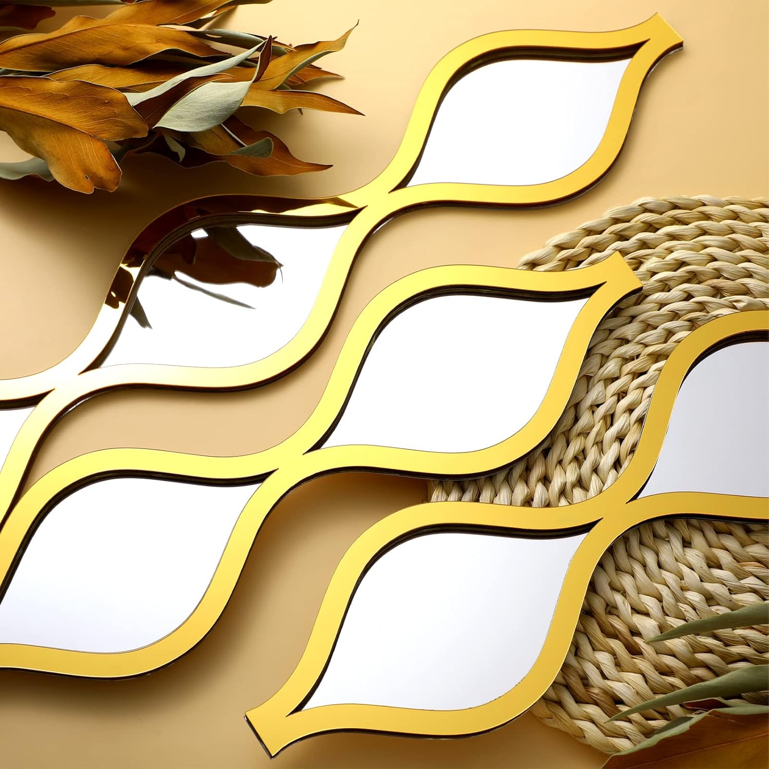 Yulejo 6 Pcs Acrylic Teardrop Mirror Decor - Narrow Wall Decor Boho Vintage Wall Art for Apartment Home Living Room Bathroom Bedroom Hallway (Gold Edge)