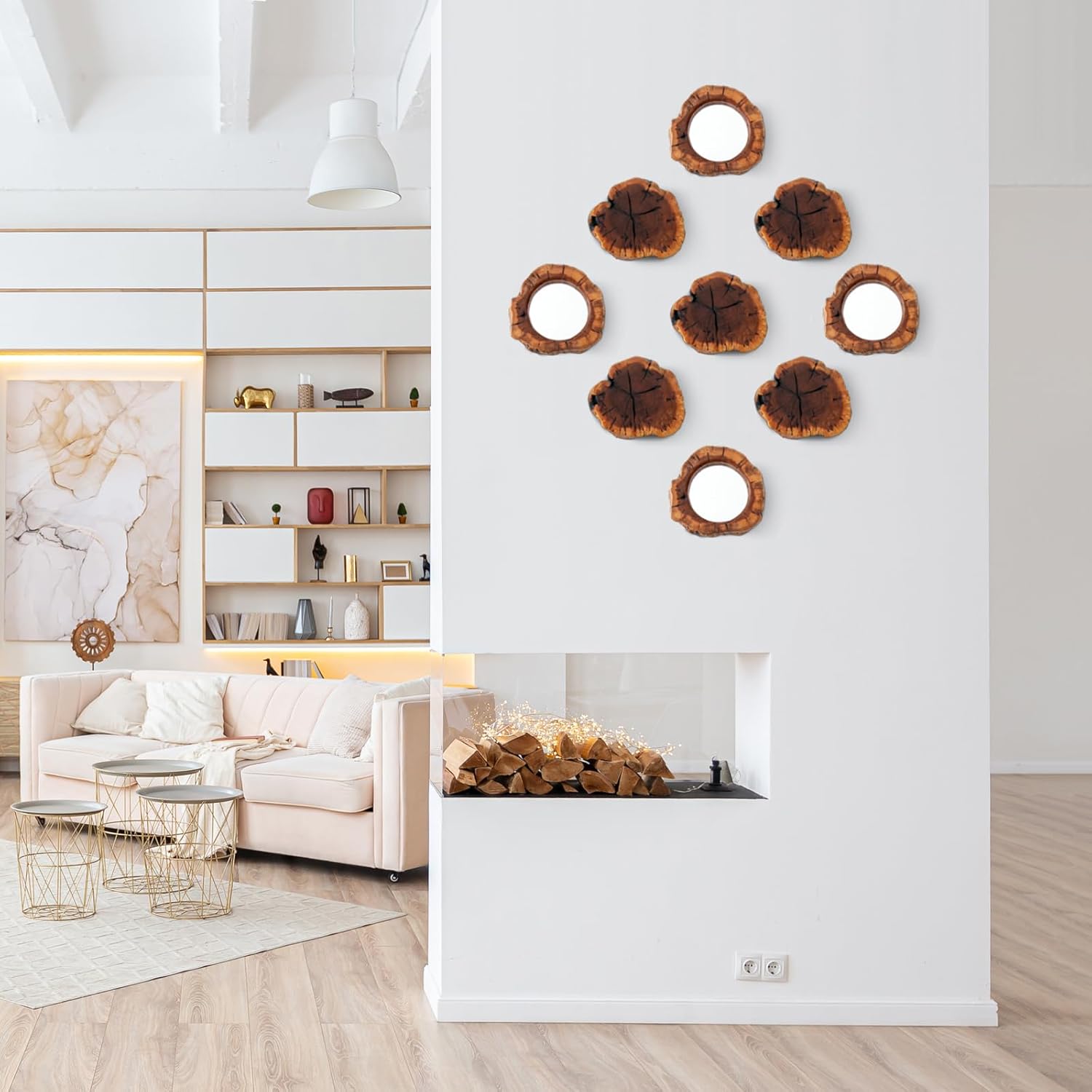 WELLAND Four Pack Rustic Mirror Wall Décor Handmade Solid Wood Decorative Mirrors, 10” x 12" Modern Hanging Wall Art for Bedroom, Bathroom, Living Room, Entryway, Dressing Room