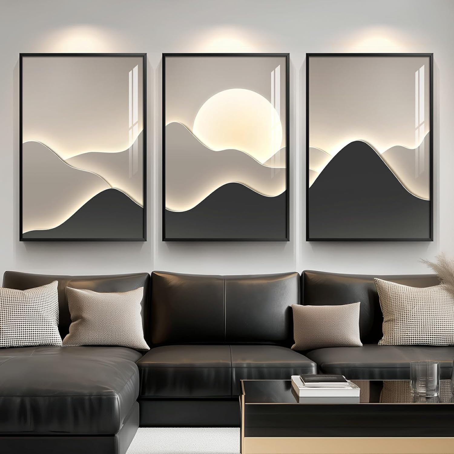 Framed Brown Mountain Wall Art for Living Room, Set of 3 Piece Vintage Canvas Picture Prints, Nature Sunrise Retro Landscape Artworks for Dining Room Hallway Home Office Wall Decor, 24x36 Inch