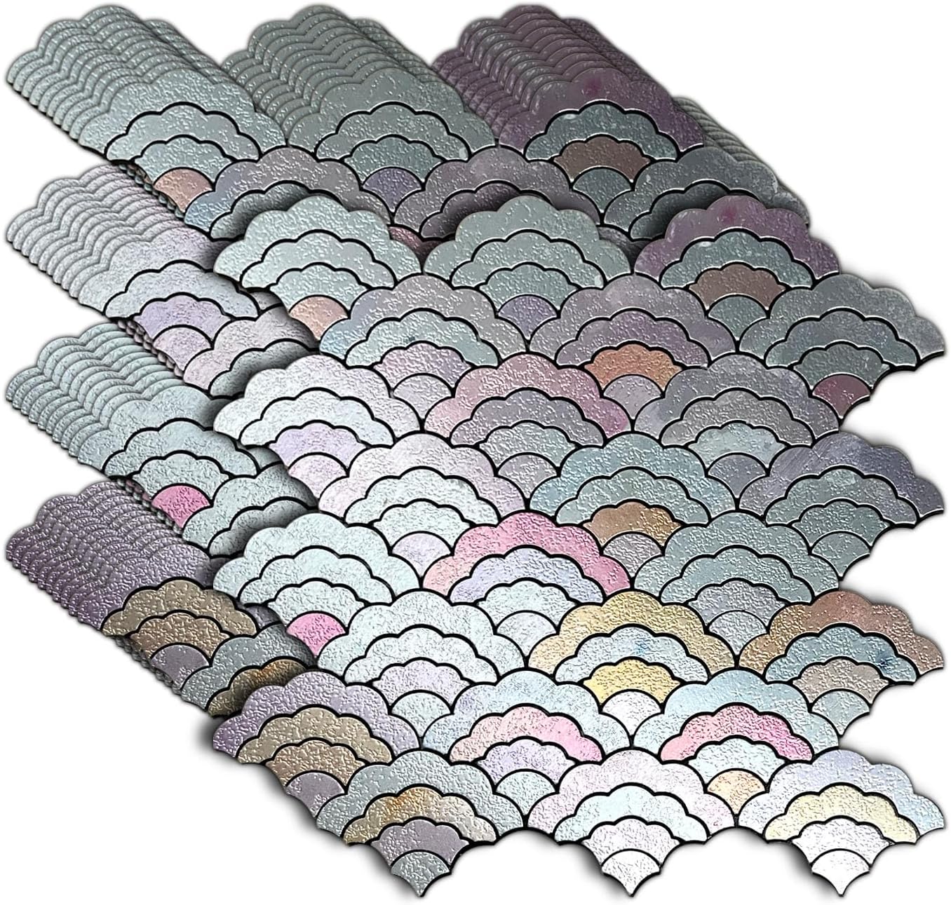 XUANINY 11-Sheet Peel and Stick Metal Backsplash Tiles, Self Adhesive Cloud-Shaped Aluminum Mosaic 3D Wall Sticker for Kitchen Bathroom Living Room Decor (Printing Multicolor, 11)