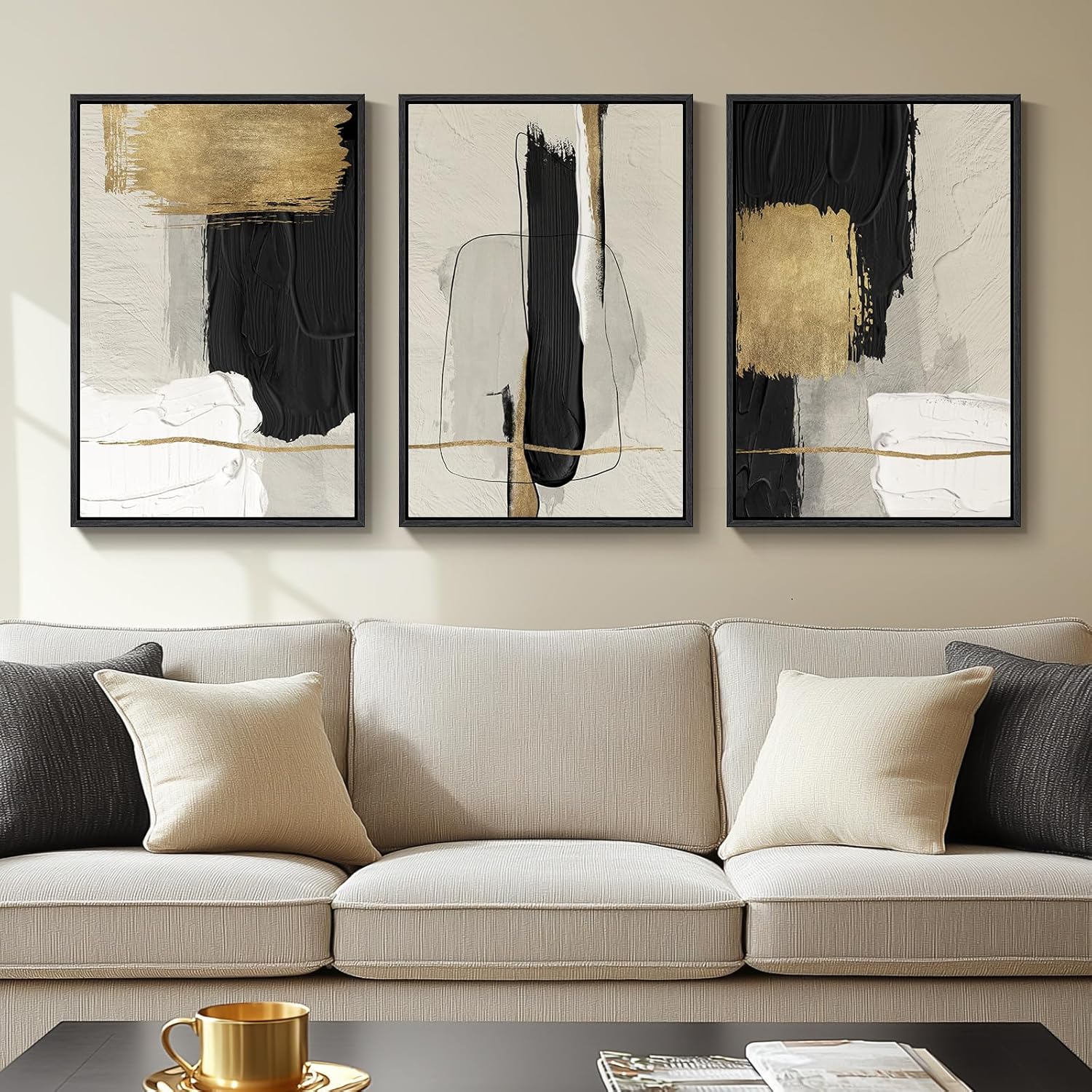 Large Framed Black and White Neutral Abstract Wall Art for Living Room, 3 Piece Boho Canvas Prints Paintings Artwork for Walls, Minimalist Geometric Pictures for Hallway Office Wall Decor 24x36 In
