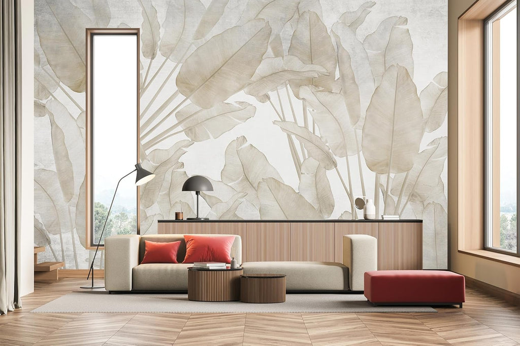 WFBHUA-Beige Banana Leaf Wallpaper Peel and Stick Tropical Self-Adhesive Wall Mural for Living Room Bedroom 82"x57"