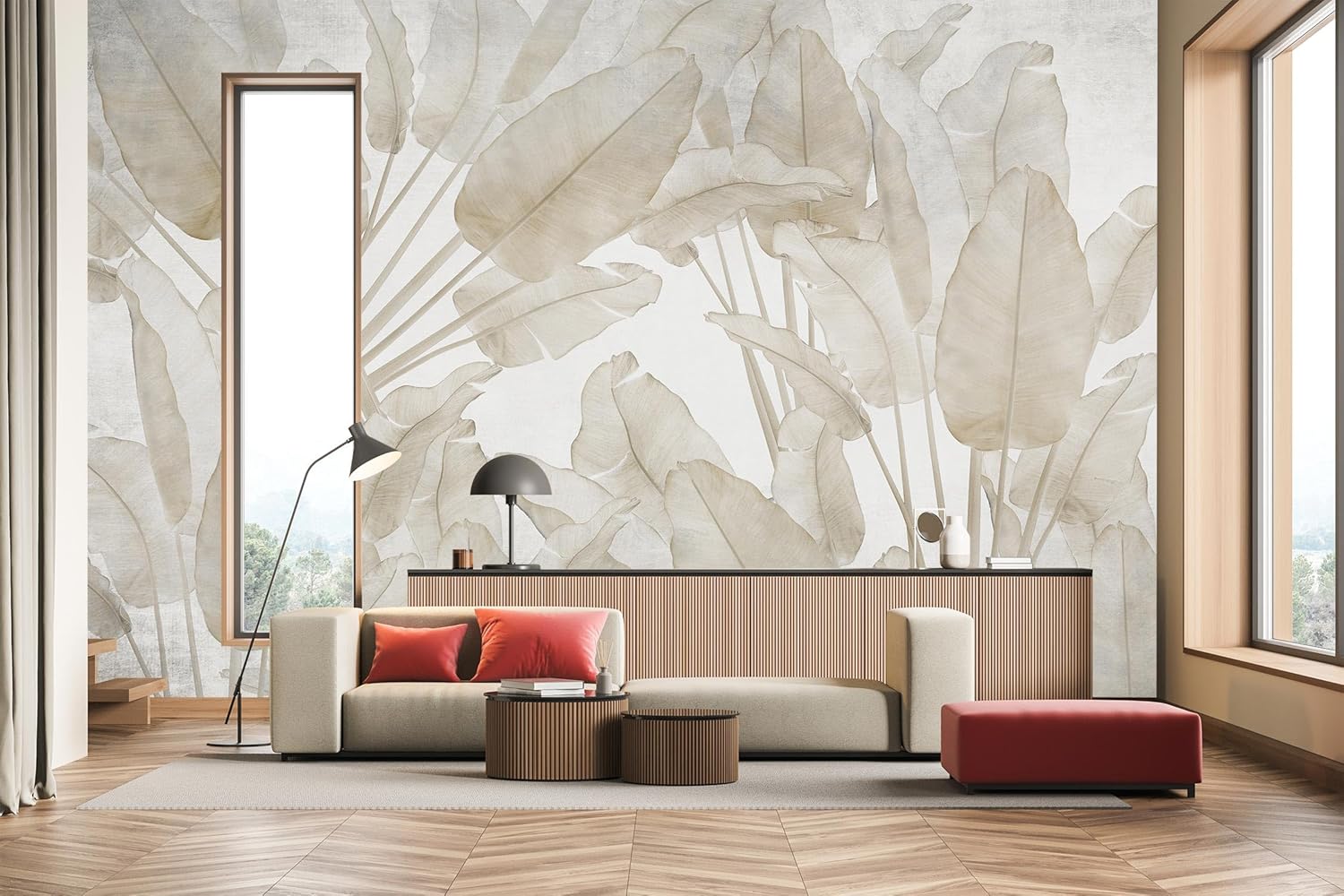 WFBHUA-Beige Banana Leaf Wallpaper Peel and Stick Tropical Self-Adhesive Wall Mural for Living Room Bedroom 82"x57"