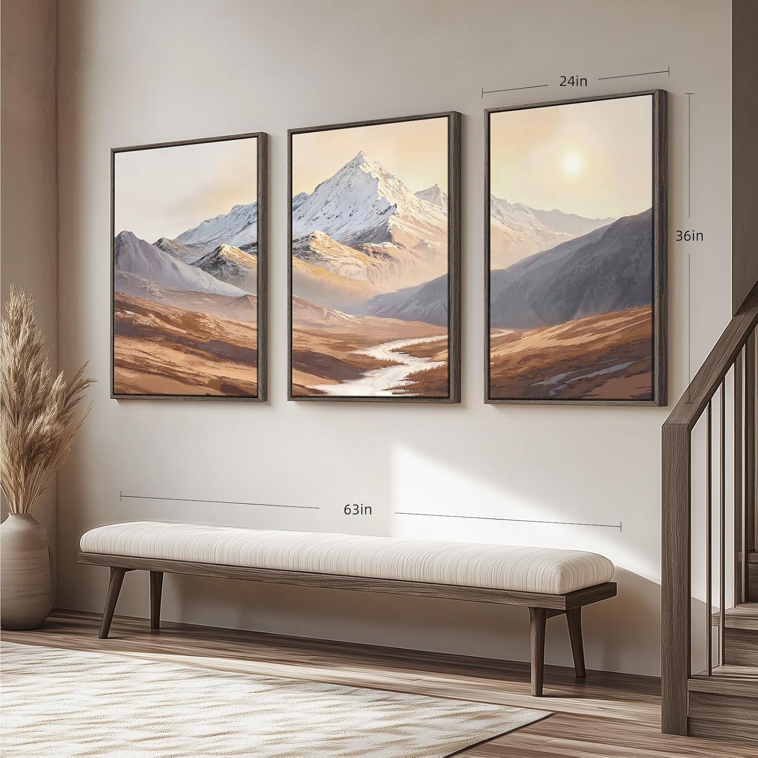 Framed Brown Mountain Wall Art for Living Room, Set of 3 Piece Vintage Canvas Picture Prints, Nature Sunrise Retro Landscape Artworks for Dining Room Hallway Home Office Wall Decor, 24x36 Inch