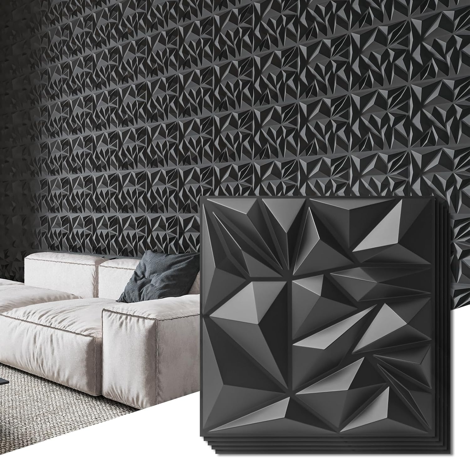 Art3d 33-Pack 3D Wall Panels - Diamond Textured Feature Paneling for Gaming, Living Room, TV Wall - 12 x 12 inch Silver