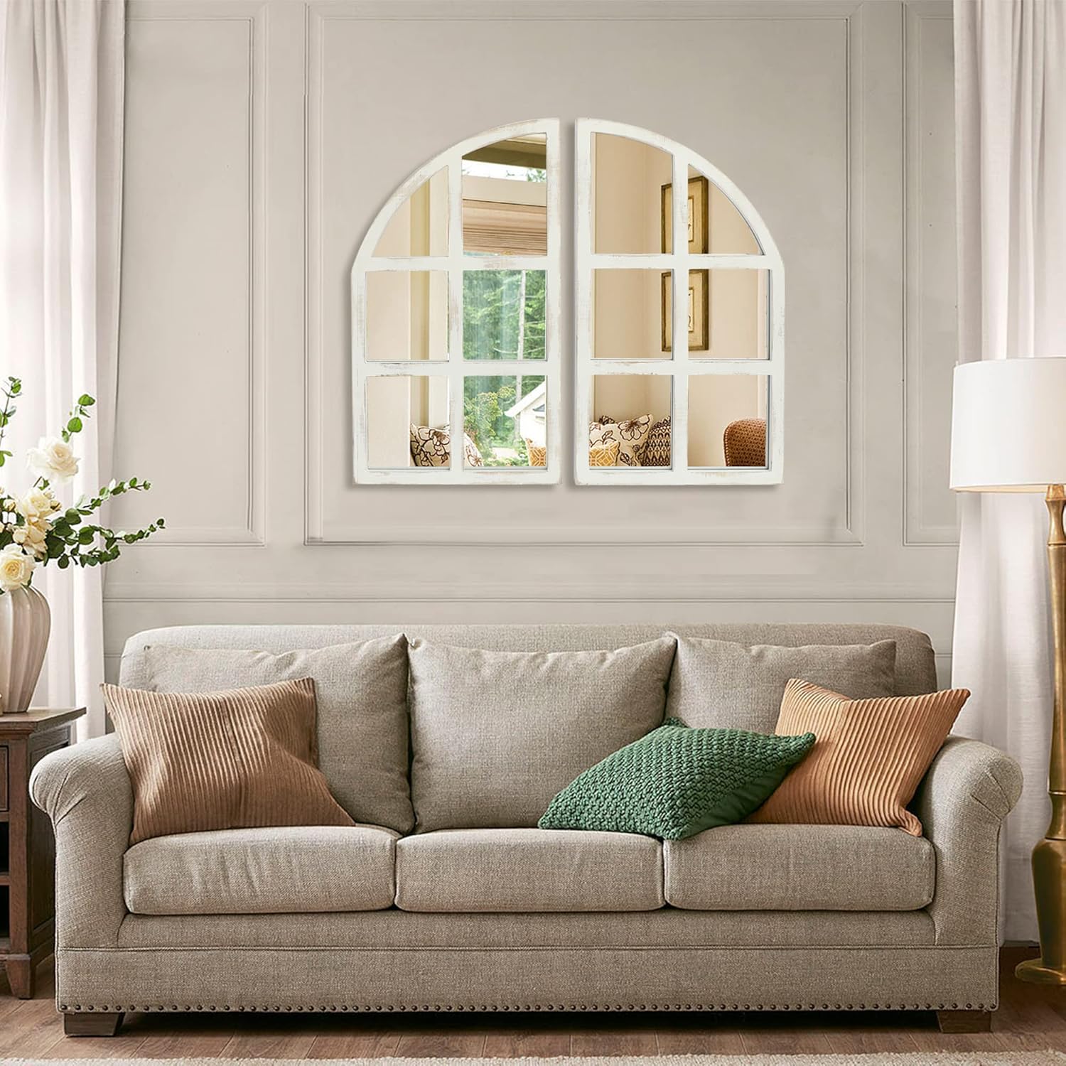 FLORA Farmhouse Mirror, Arch Window Wall Mirror for Kitchen Bedroom Living Room Wall Decor, Set of 2