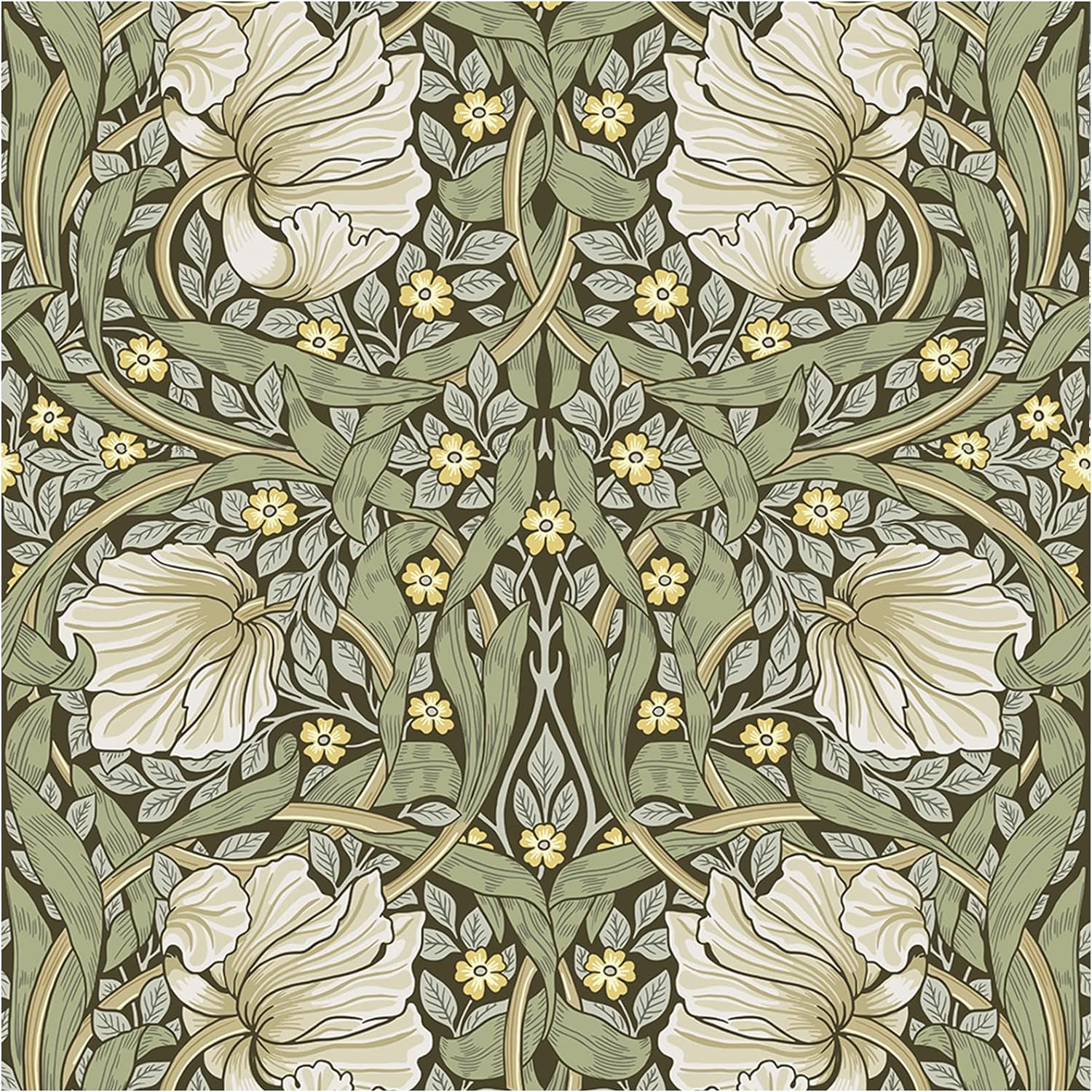 HAOKHOME Vintage Floral Wallpaper Peel and Stick Botanical Sage Green/Yellow Wall Murals Home Kitchen Bedroom Decor by William Morris 17.3in x 32.8ft