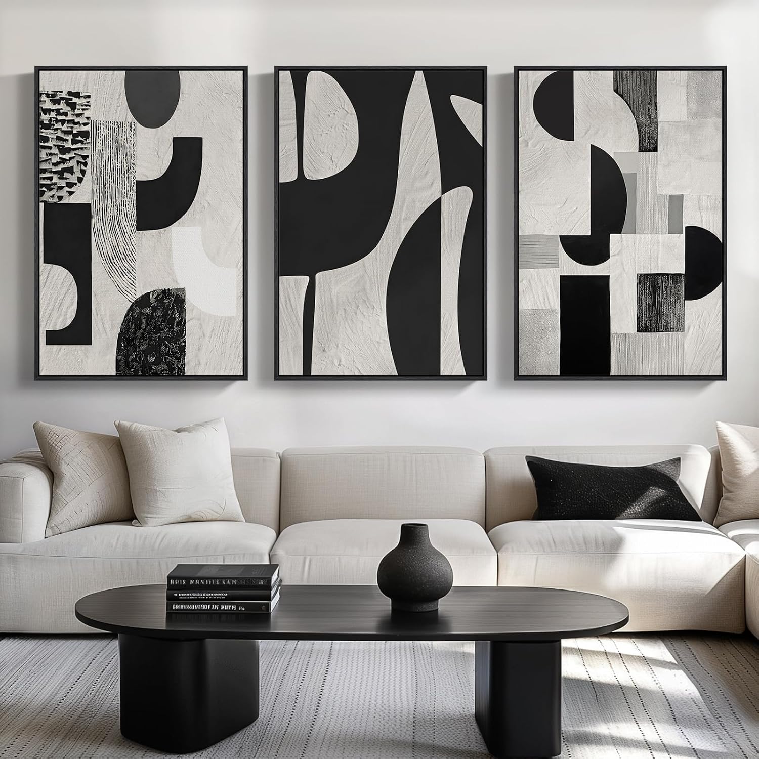 Large Framed Black and White Neutral Abstract Wall Art for Living Room, 3 Piece Boho Canvas Prints Paintings Artwork for Walls, Minimalist Geometric Pictures for Hallway Office Wall Decor 24x36 In