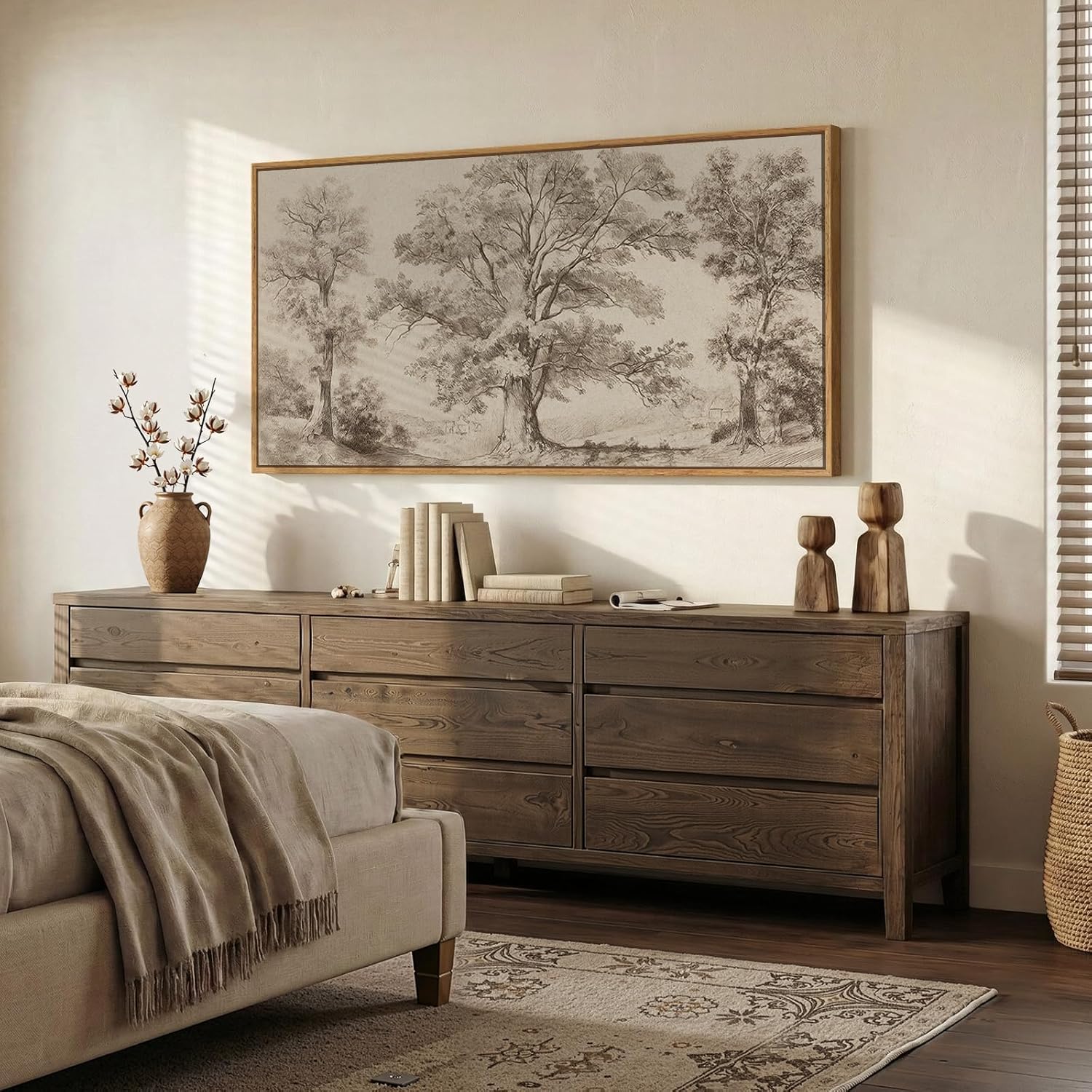 Framed Vintage Landscape Canvas Wall Art for Living Room, Extra Large Horizontal Rustic Tree Botanical Picture Prints Paintings, Neutral Wabi Sabi Artwork Decor for Bedroom Entryway 57x28.5 Inch